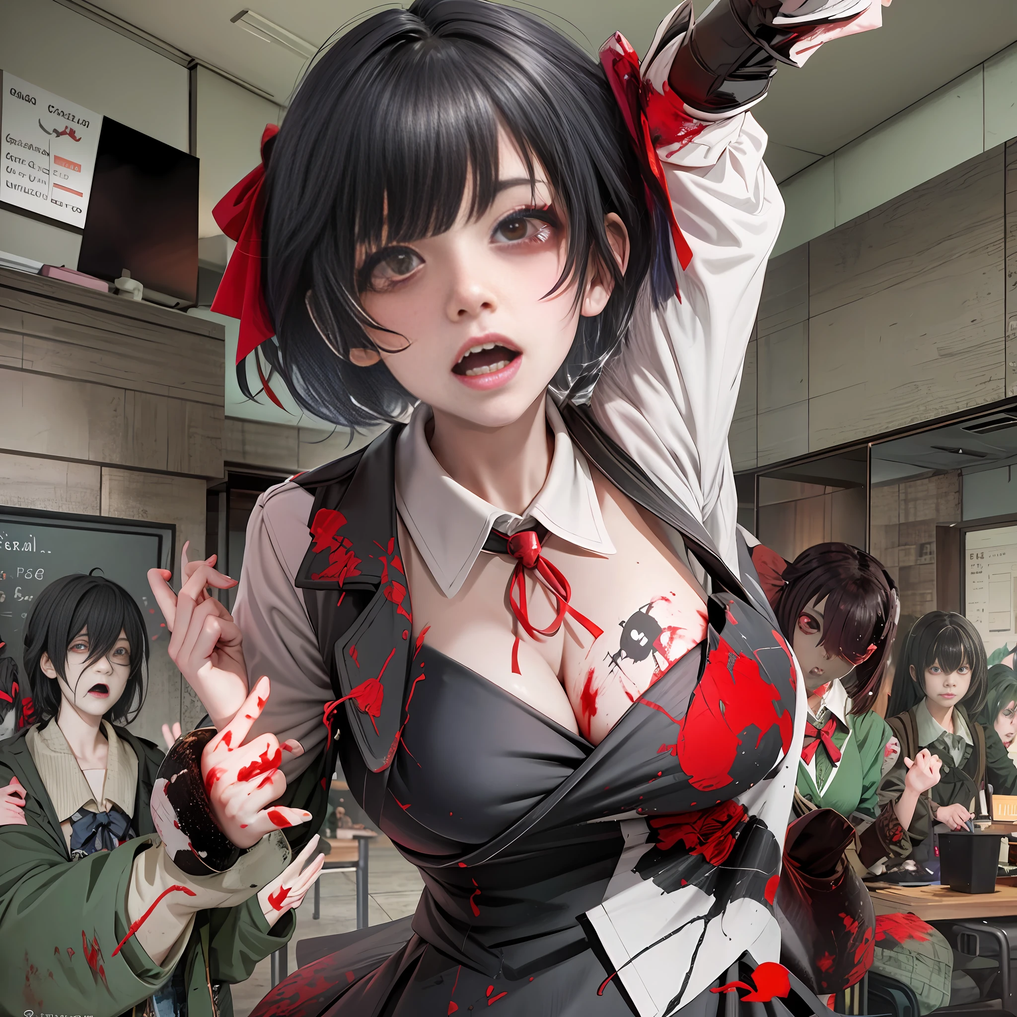A group of anime girls turned zombies in the classroom with black hair, open mouth, fangs, blood stains