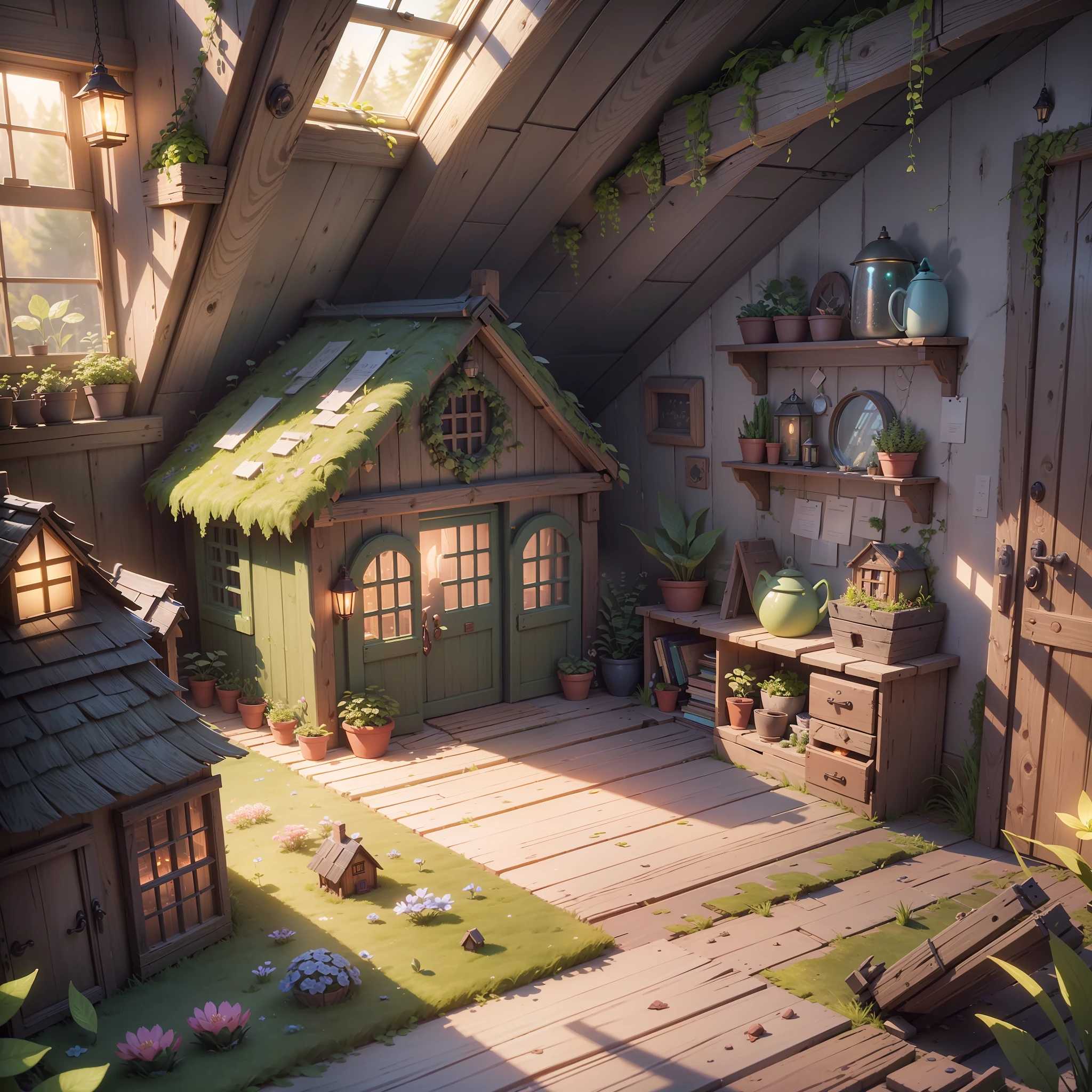 masterpiece, best quality, (extremely detailed CG unity 8k wallpaper), (best quality), (best illustration), (best shadow),A turnip hut covered in moss wtarlight surrounds the room,firefly,petal,glowing windows,isometric 3D, octane render,ray tracing,ultra detailed, jawa house style --auto --s2