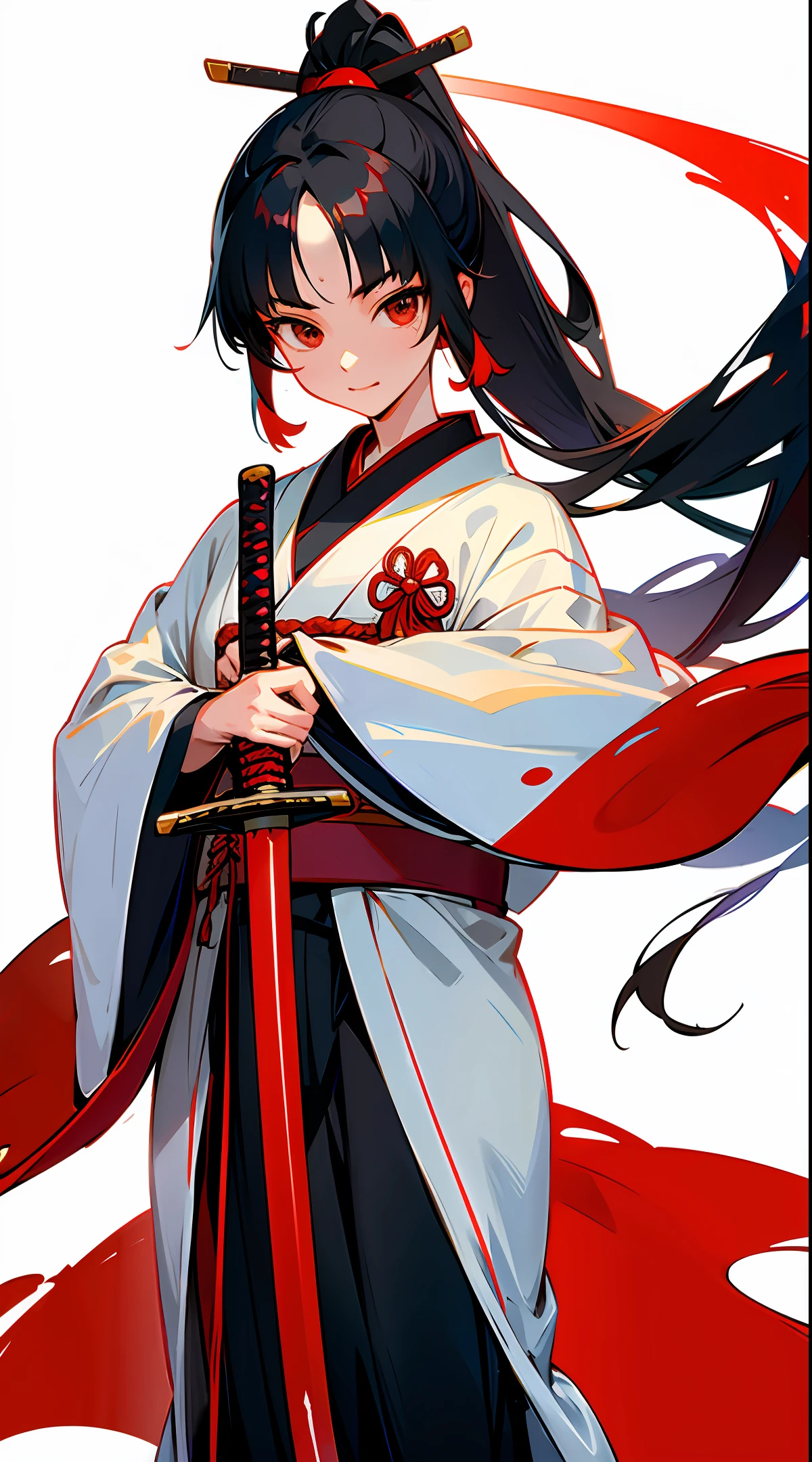 High image quality, red and white priestess uniform, Japan woman, black hair, long hair, Japan sword, obi sword, slender, sexual expression, big, ponytail, sakiri,