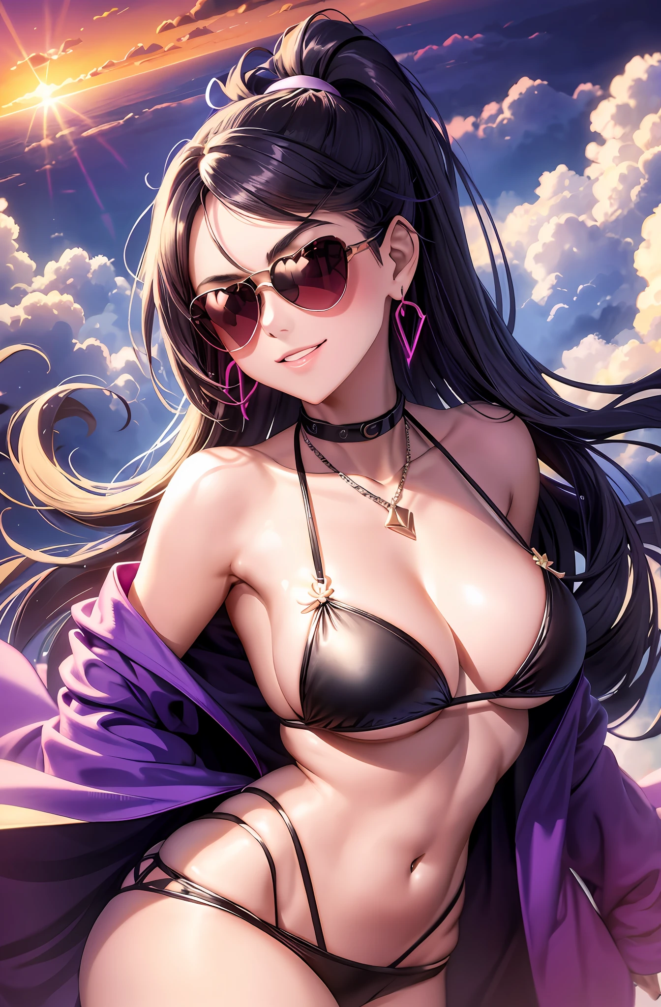 Ponytail. Longhair. Thin. Smiling expression, bikini, purple hair. Big tits. Miniskirt. Earring. Real. Above the clouds. Clouds around. Angel wings on the back. Fly freely above the clouds. Sunglasses on the head. Sunset. Robe of feathers.