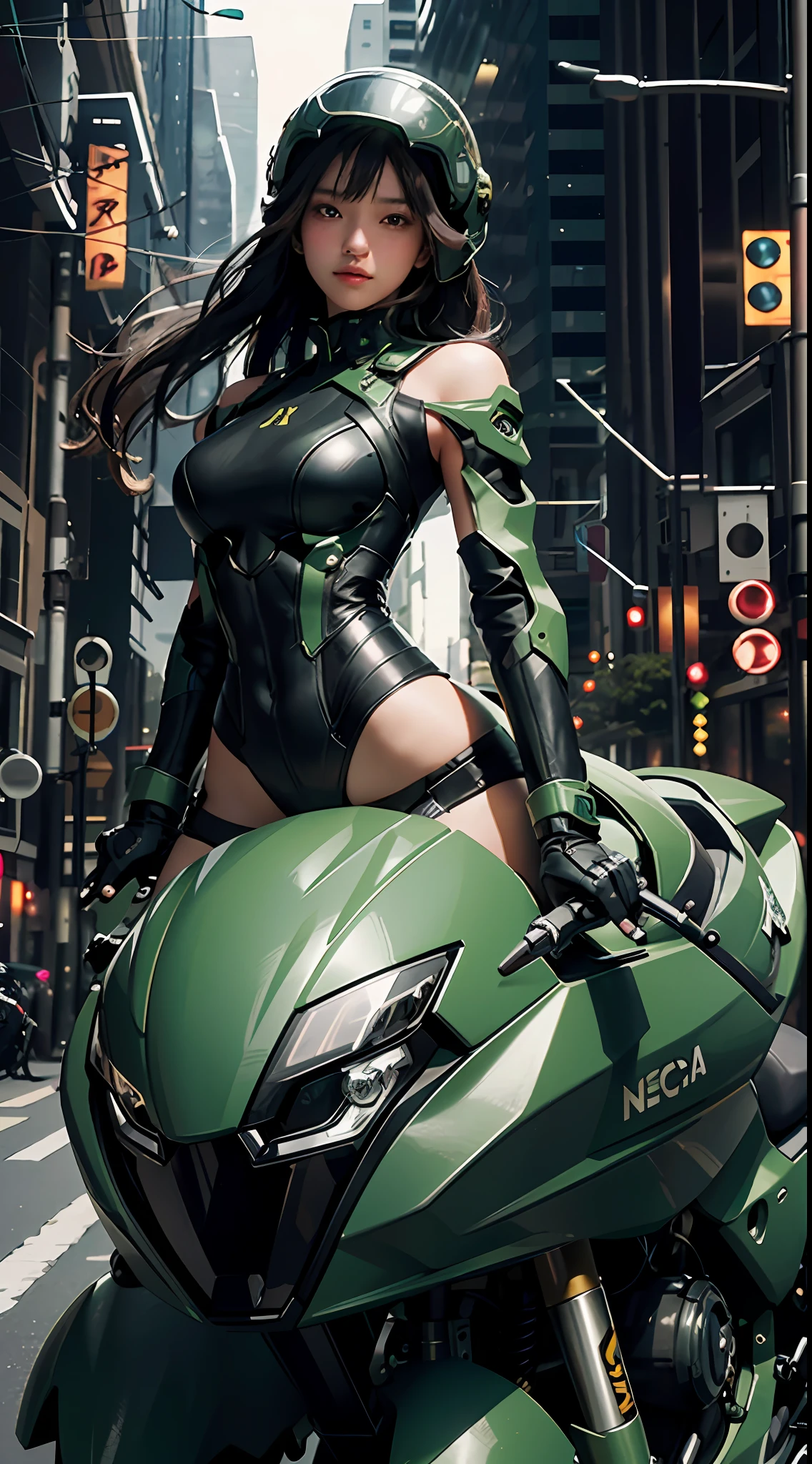 Highest image quality, outstanding details, ultra-high resolution, (realism: 1.4), the best illustration, favor details, highly condensed 1girl, with a delicate and beautiful face, dressed in a black and green mecha, wearing a mecha helmet, holding a directional controller, riding on a motorcycle, the background is a high-tech lighting scene of the future city.