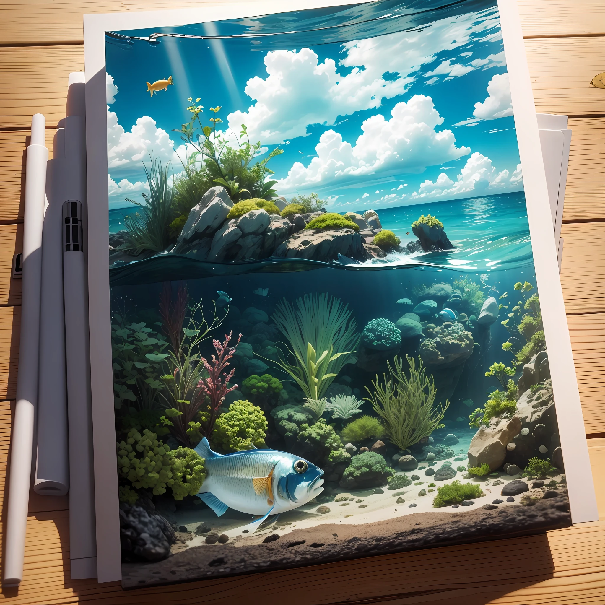 Small fish, sea, plants in the sea, sky, white clouds, sun --auto --s2
