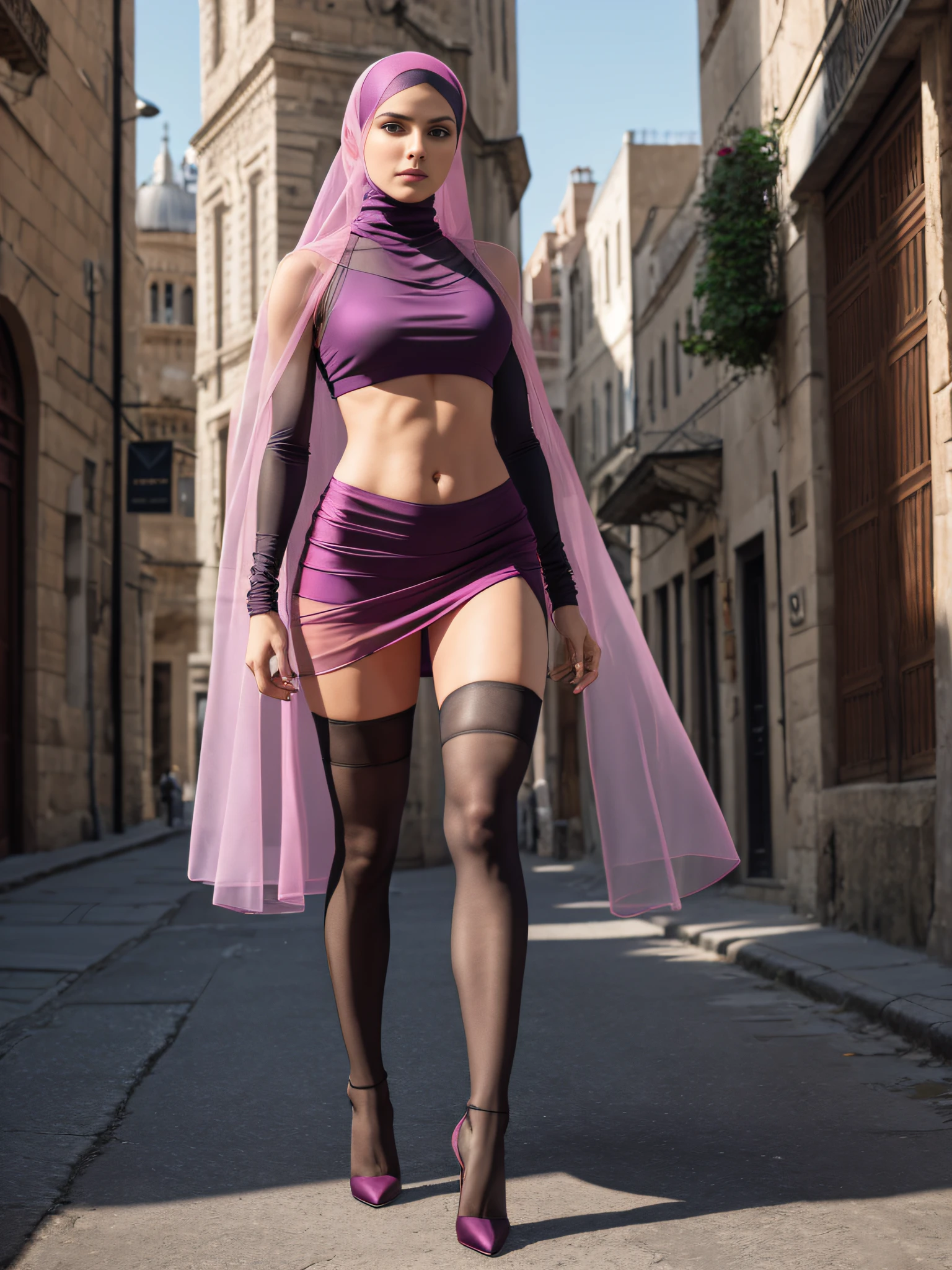 (long full body shot) ultra realistic (solo Arabic woman)1.9 ((slim fit sheer veil) (turtleneck) cleavage neckline (mini skirt)), (full body), (ultrarealistic skin), (big breasts), (belly piercing)1.4, (high stockings), straps, (stiletto pumps), (standing legs parted)1.1, (vivid color, pastel color)1.4, (sheer silk cotton transparent fabric)1.3, ((muscular calf) legs), full body, photorealistic, natural light, sharp focus,  (old city) background,[pink|red|green|mauve|purple|yellow|orange|maroon|cyan|blue:0.10], solo