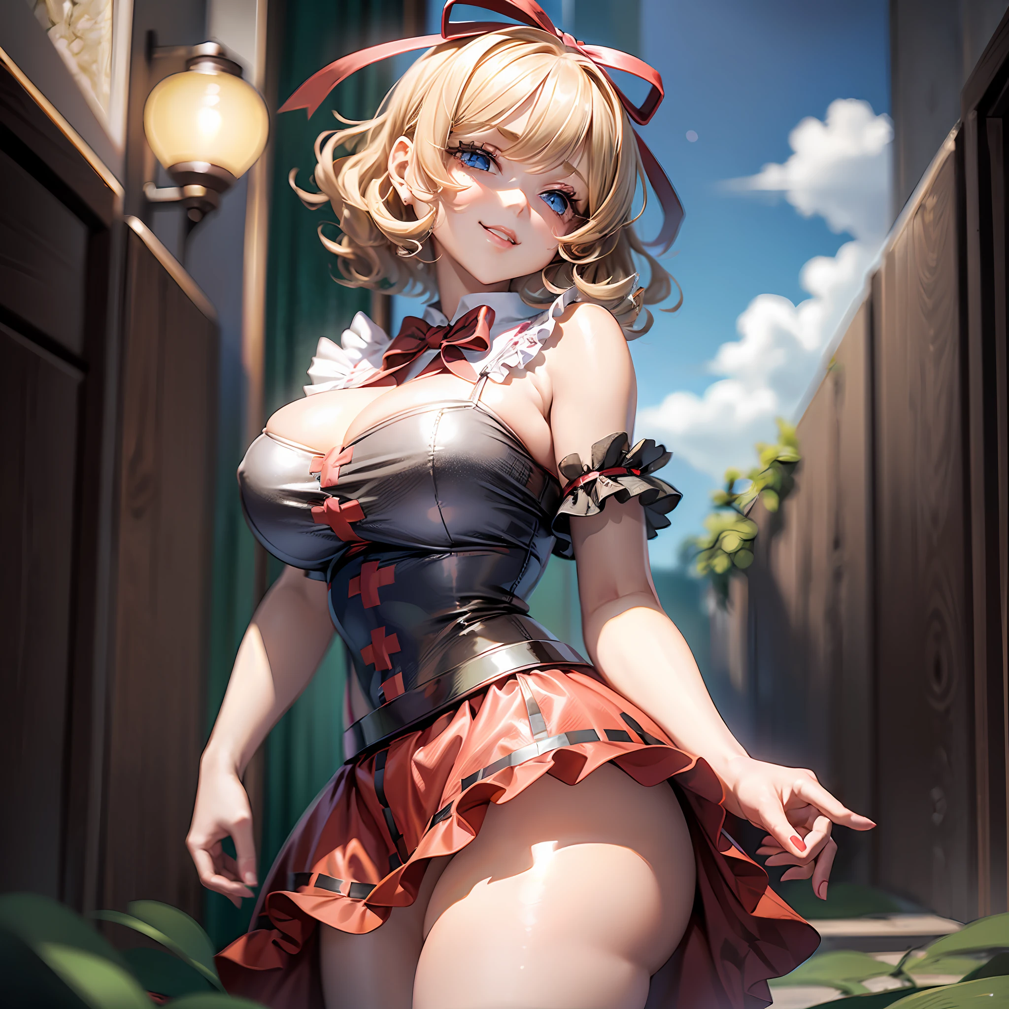 1girl, (Medicine Melancholy, blonde hair, short hair, wavy hair, silver-blue eyes, thick eyelashes, red ribbon, red bow, black shirt, red skirt, bubble skirt, frilled skirt), lily-of-the-valley field, huge breasts, ass, thick thighs, wide hips, looking at the viewer, seductive grin, long skirt, meadow