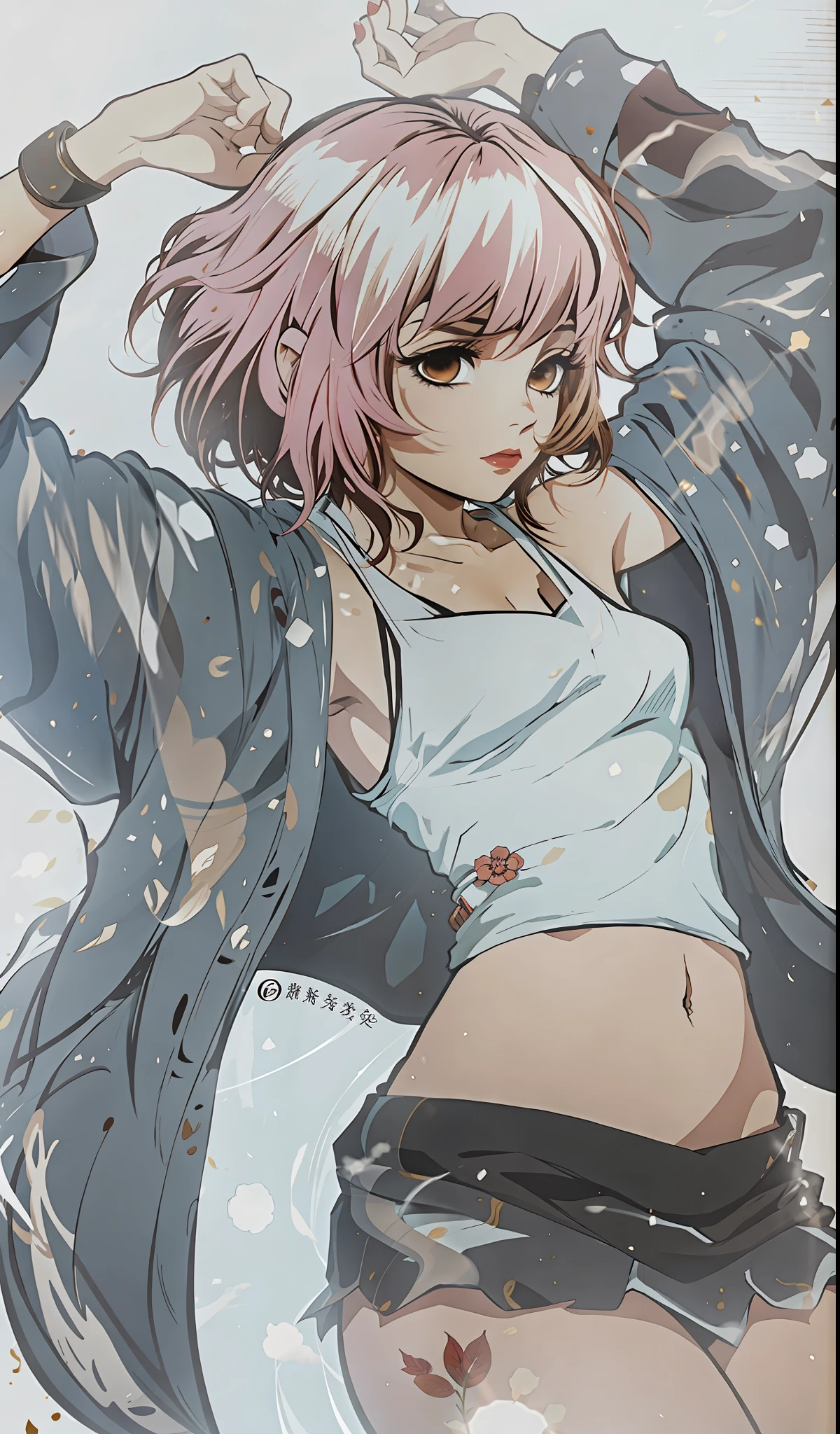 Female character, short hair, dark brown eyes, light skin, baggy kimono, arm bands