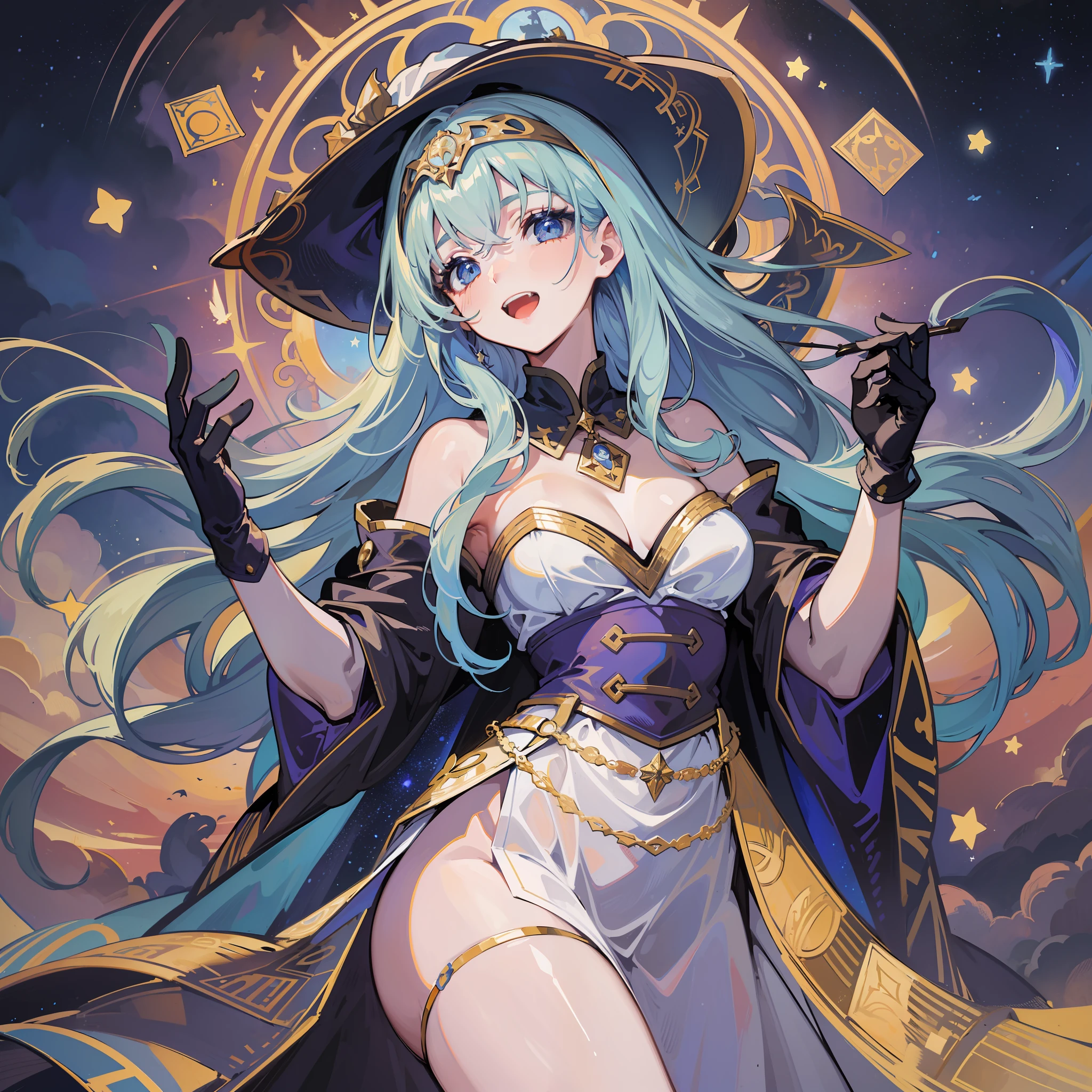 ((masterpiece:1.2, best quality)), 1girl, solo, (witch hat), blonde, long hair, skirt, aurora, night, stars (sky), gloves, sky, white skirt, night sky, open mouth, starry sky, blue eyes, ribbon, long hair, red dress, smile, headband, cape, blue hair, (bird), magic, spell casting, dark clouds, night, (impressionist: 1.4), (tarot: 1.3), Alphonse Mucha