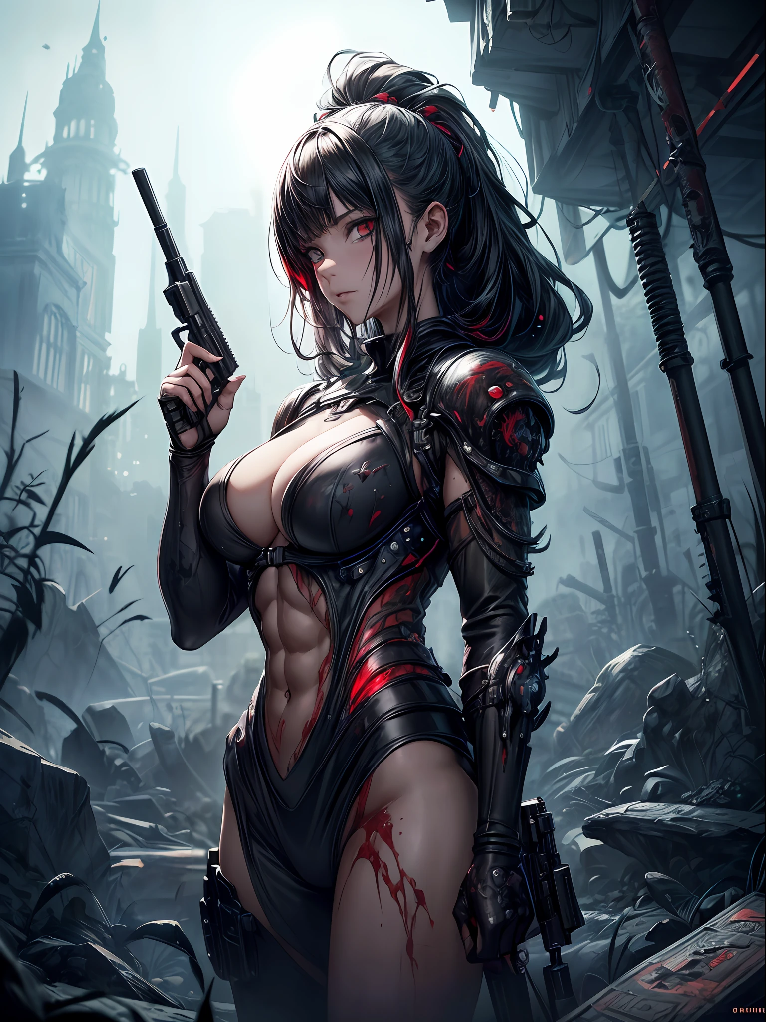 high contrast, (8K UHD:1.2), (photorealistic:1.2),(masterpiece:1.4), (best quality:1.4),extremely detailed wallpaper, highly detailed illustrations, (1 Girl), (best lighting) , (super-complex details) , 4K unified, (super-detailed CG: 1.2) , (8K: 1.2),(original), (masterpiece) , (best quality),(Masterpiece:1.4),Anime-ish high quality, (((high resolution))),(masterpiece,8k, best quality,polished image), absurdres, (best quality, intricate details, 1girl, solo,dark fantasy,), (holding_pistol + (trigger_discipline:1.4) + ((aiming pistol at viewer):1.3)++), red, silent hill, bloodborne, 4k unity, blood, Blood fog, Splashing blood, red streaks, ((dark fantasy, Alien,horror, cyberpunk)),red, eyepatch, lovecraftian, complicated epic action background, (science fiction,cyber, horror, guro, body horror:1.5, upper body,Hires:1.4, ultradetailed), black and white Speedpaint, large brush strokes , (Junji Ito, Ismail Inceoglu, M.W. Kaluta, richard anderson, bloodborne), paint splatter, red and blue ink, anime,masterpiece, trending on artstation, horror, terrifying, portrait painting of an adorable young scary, violent, russian woman in whimsical & endearing style, dark fantasy scifi concept art ,horror, Gustave Dore, Greg Rutkowski,HDR by industrial light and magic, cute, kawaii,cinematic background,((biopunk, biochemical:1.4)), fantastical, , cool, badass,( well endowed, voluptuous,psychedelic),Hyperdetailed, silhouette, standing, (light particles), grass, space, night sky, (fish-eye lens),((muscular,masculine,abs))