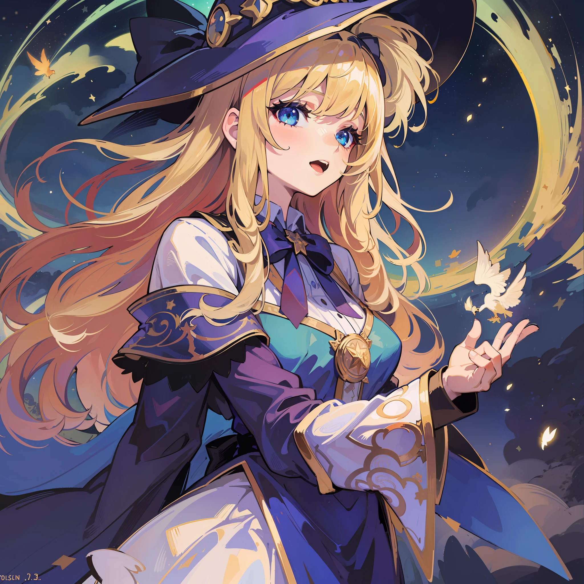 ((masterpiece:1.2, best quality)), 1girl, solo, (witch hat), blonde, long hair, skirt, aurora, night, stars (sky), gloves, sky, white skirt, night sky, open mouth, starry sky, blue eyes, ribbon, long hair, red dress, smile, headband, cape, blue hair, (bird), magic, spell casting, dark clouds, night, (impressionist: 1.4), (tarot: 1.3), Alphonse Mucha