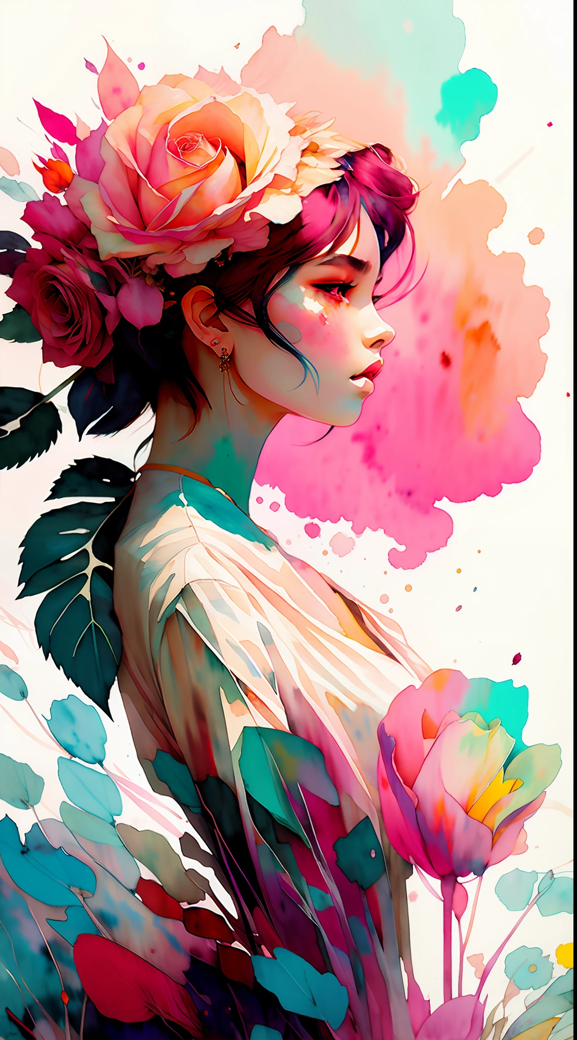 wtrcolor style, (rose) digital art, official art, blown by the wind, masterpiece, beautiful, ((watercolor)), paint splatter, intricate detail. Great detail, [dripping:0.7], Trending on Artstation, Rachel Walker