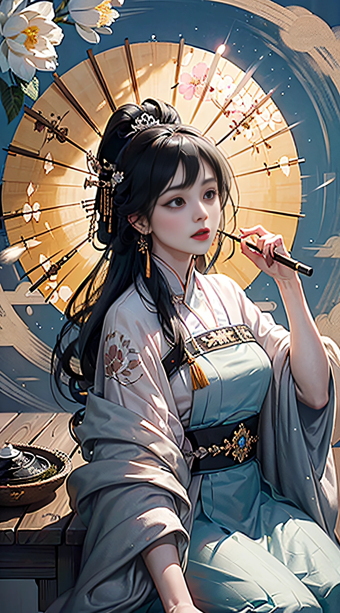 (Positive Focus), (In the Dark: 1), (Best Quality), Movie Poster, Highly Detailed, 8k Wallpaper, Volume Lighting, Dynamic Lighting, A Girl, Long Black Hair, Ponytail, Fringed Hair Ornament, Peony Hairpin, Chinese Style White Hanfu, Black Embroidery, Tulle Ribbon, Umbrella, Jade Pei, Flute, Cherry Blossoms, Cherry Blossoms Falling, Ancient Chinese Architecture Background, Dramatic Composition, Rich Picture Detail, Movie Lighting,