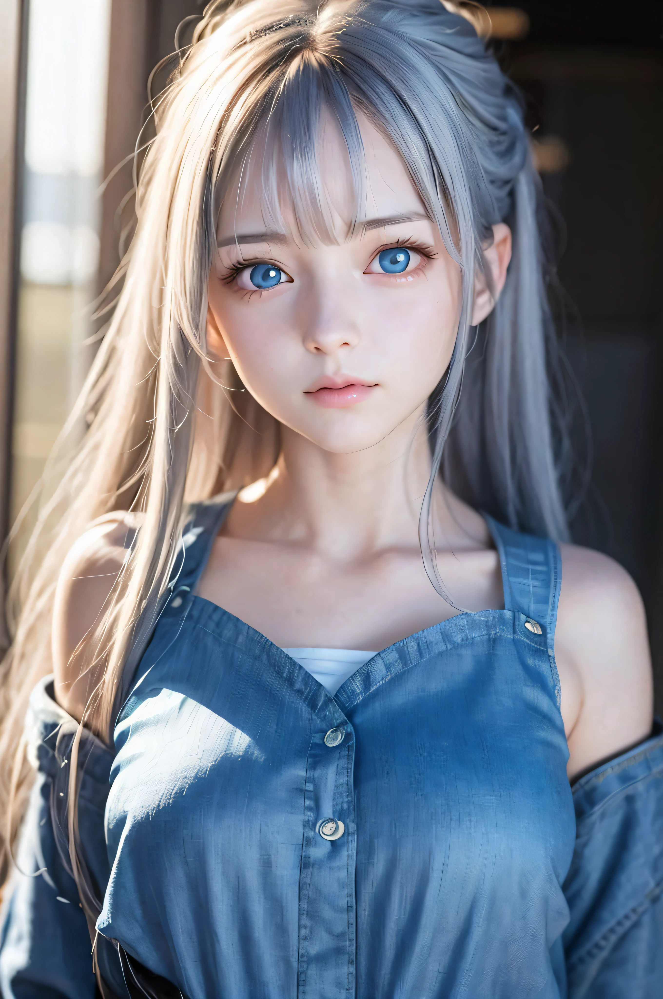 a woman with long hair and blue eyes wearing a denim dress, anime girl in real life, realistic young anime girl, cute natural anime face, photorealistic anime, hyper realistic anime, anime girl cosplay, realistic anime, beautiful anime girl, perfect android girl, realistic anime 3 d style, realistic - anime, attractive anime girl, pretty anime girl, 3 d anime realistic