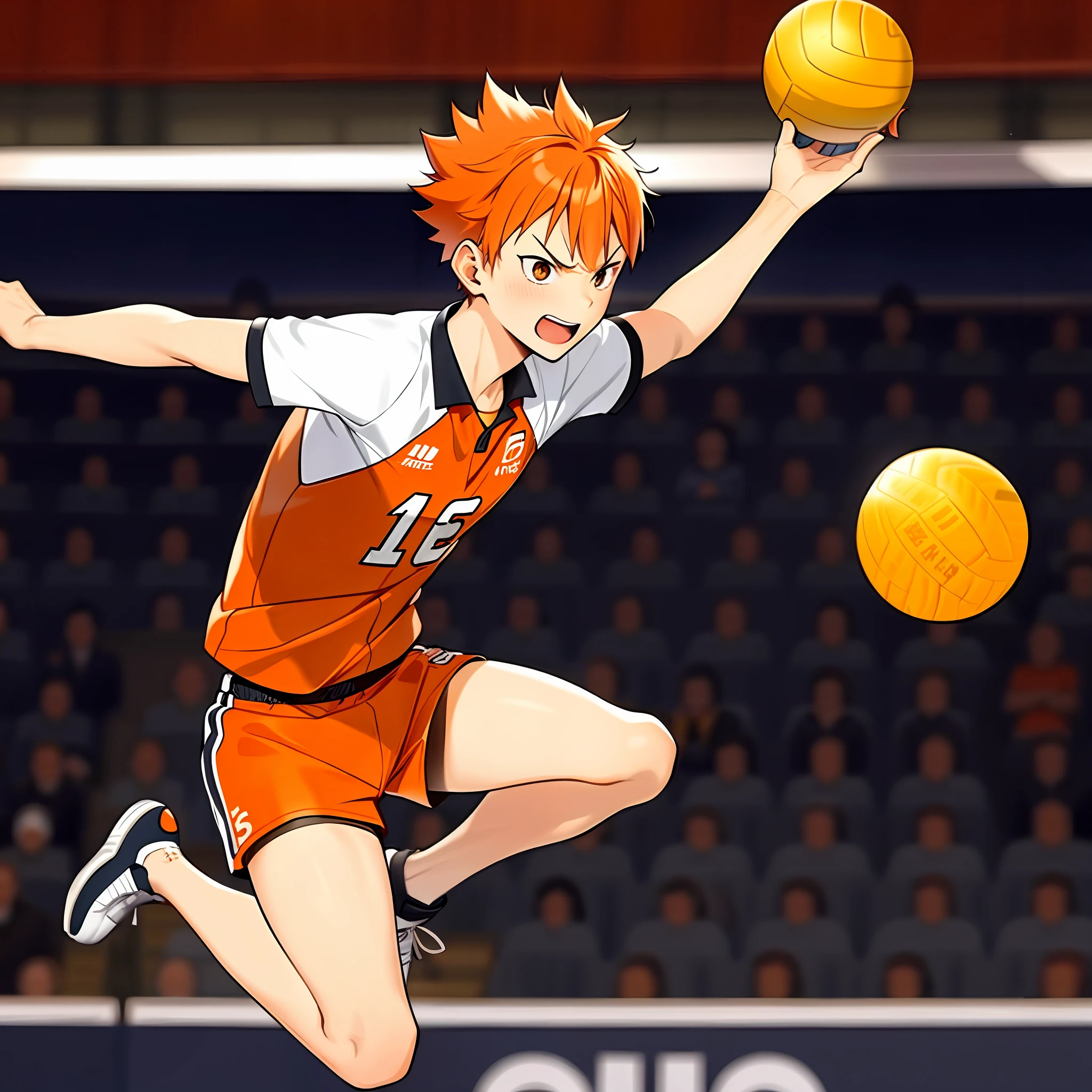 Shoyo Hinata,ultra detailed face,1boy,playing voleyball,spiking the ball in air,over the net,jumping,short orange hair,volleyball outfit,angry look,side view,closed mouth,short neck,pointy chin,cat eyes,full body,receving the ball with his hands,crow fethers behind him falling down,jumping in the air