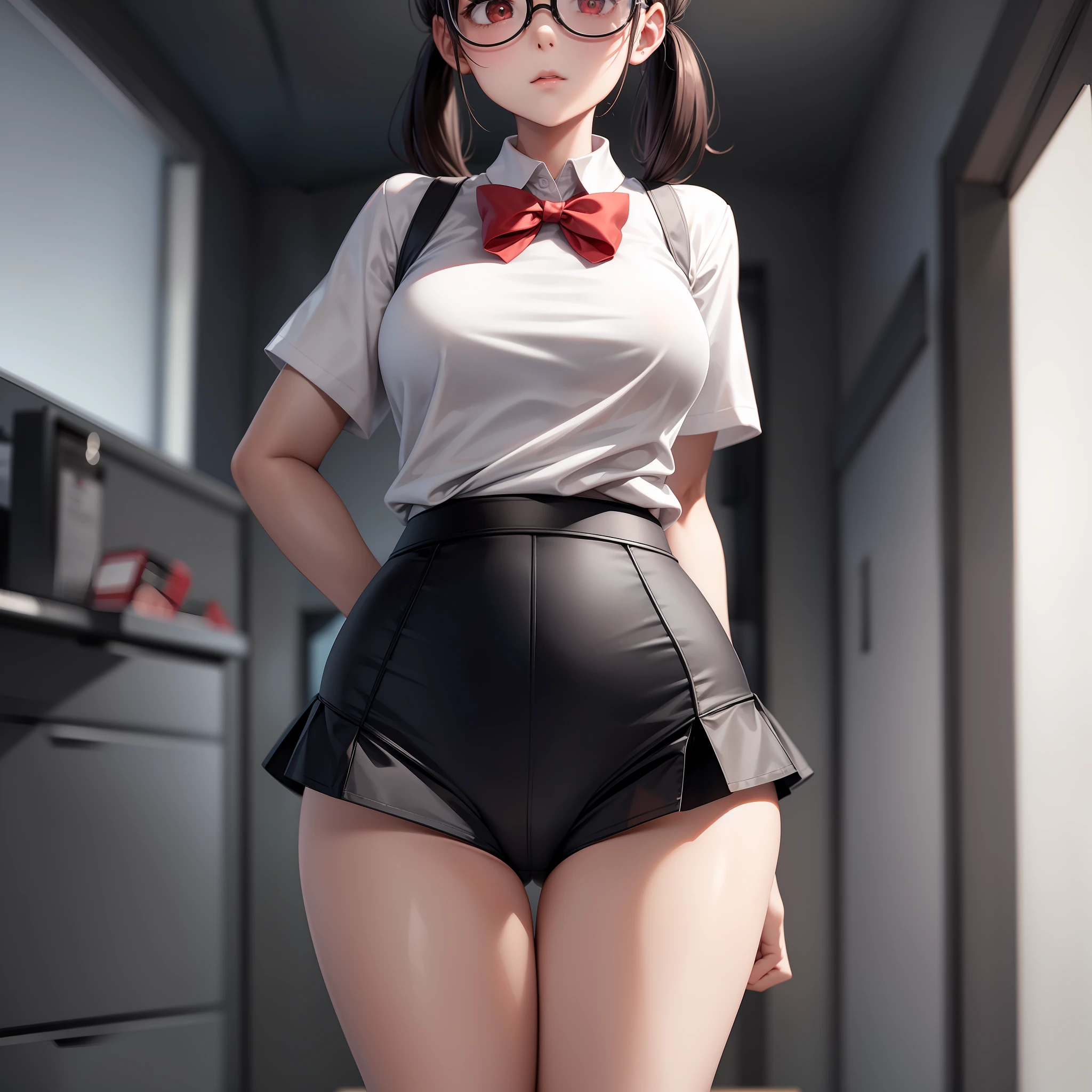 One slender girl, short sleeved shirt in white gym clothes, dark red school bloomers, pigtails, thick black-rimmed glasses, very thin waist, high waist