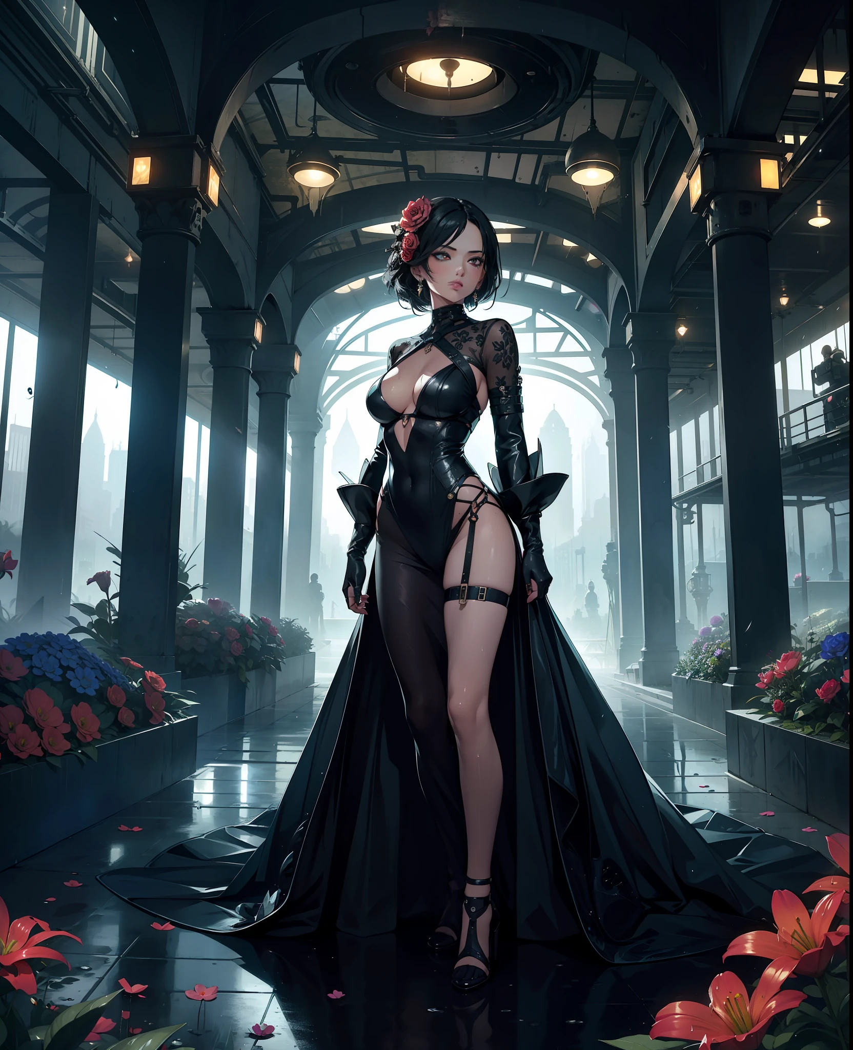 Best quality, masterpiece, futuristic flower garden, 1girl, solo, femme fatale, beautiful, sexy, mature, cool, stylish, gorgeous, seductive, cleavage, night, wet, mysterious, dystopian, beautiful detailed background, ethereal, surreal, atmospheric, shanty towns