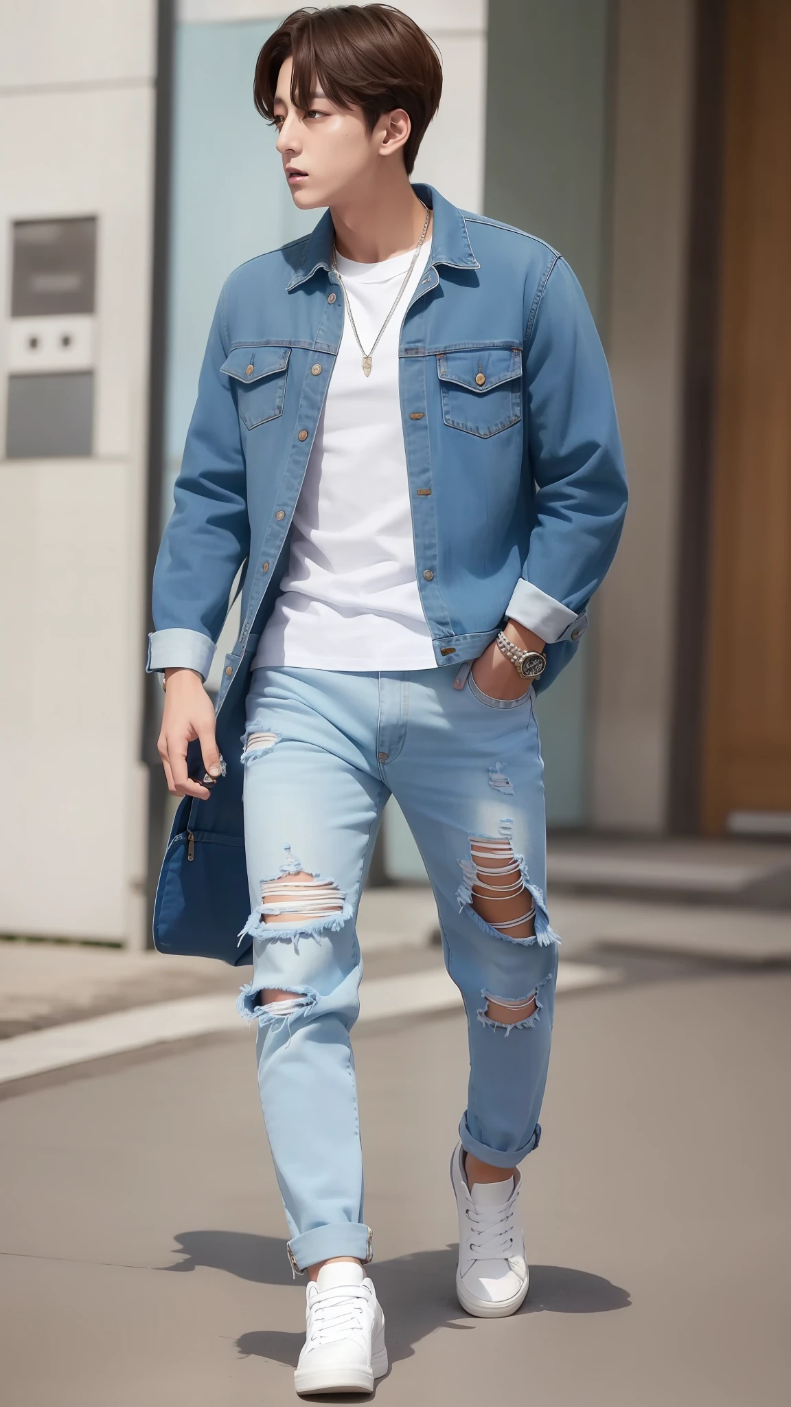 Jungkook . Dress in tight blue jeans and white t-shirt