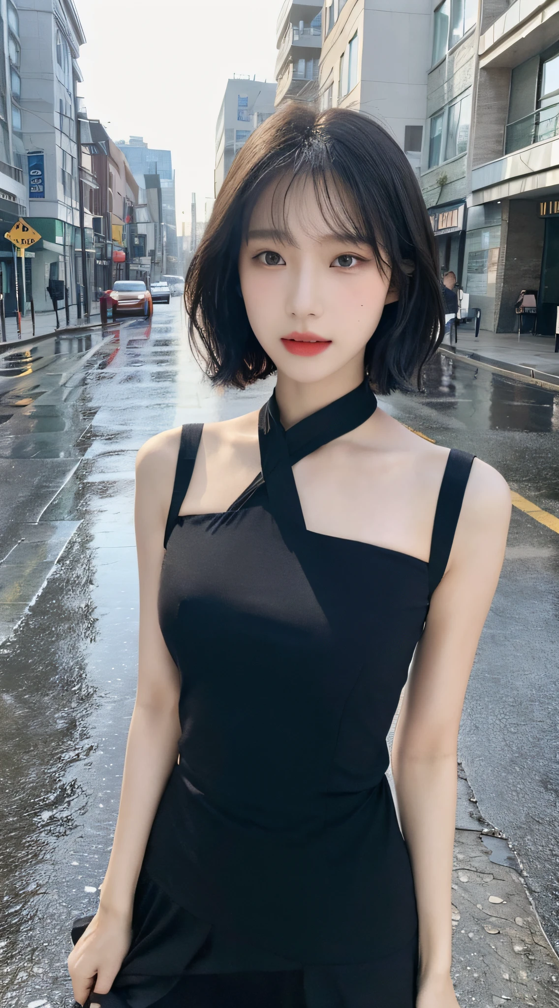 Black dress posing for photo, beautiful asian girl, Korean girl, cute thin face of girl, young woman, short hair, sakimichan, ((best quality, 8k, masterpiece: 1.3)), focus: 1.2, perfect body beauty: 1.4, buttocks: 1.2, ((layered haircut, beautiful breasts: 1.2)), (wet clothes: 1.1) , (Rain, Street:1.3), bandeau dress: 1.1, Highly detailed face and skin texture, Delicate eyes, double eyelids, whitened skin, long hair, (shut up: 1.3), after rain, (sky rainbow: 1.1), (black dress: 1.2), gorgeous streets