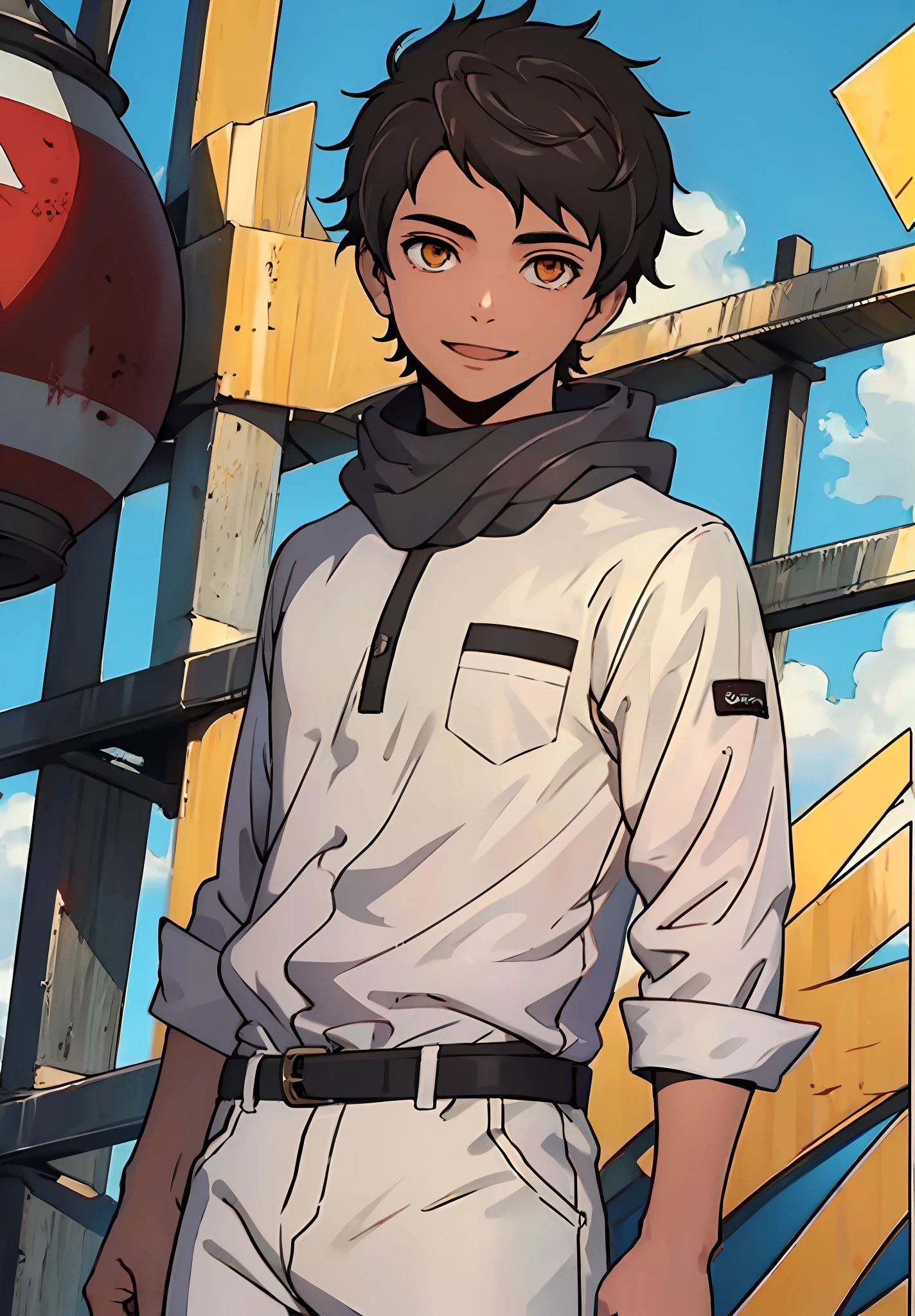 1boy, , smile, black hair, golden eyes, short hair, white shirt, black pants, blood, solo, spectator look, upper body, sky, (masterpiece:1.2, best quality)