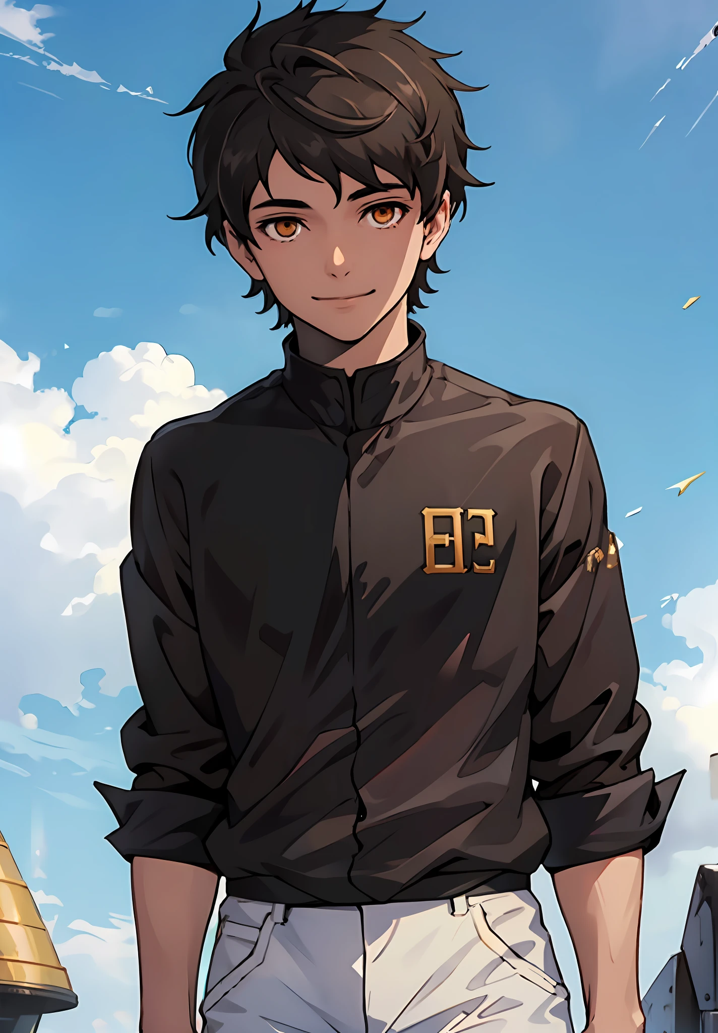 1boy, , smile, black hair, golden eyes, short hair, white shirt, black pants, blood, solo, spectator look, upper body, sky, (masterpiece:1.2, best quality)