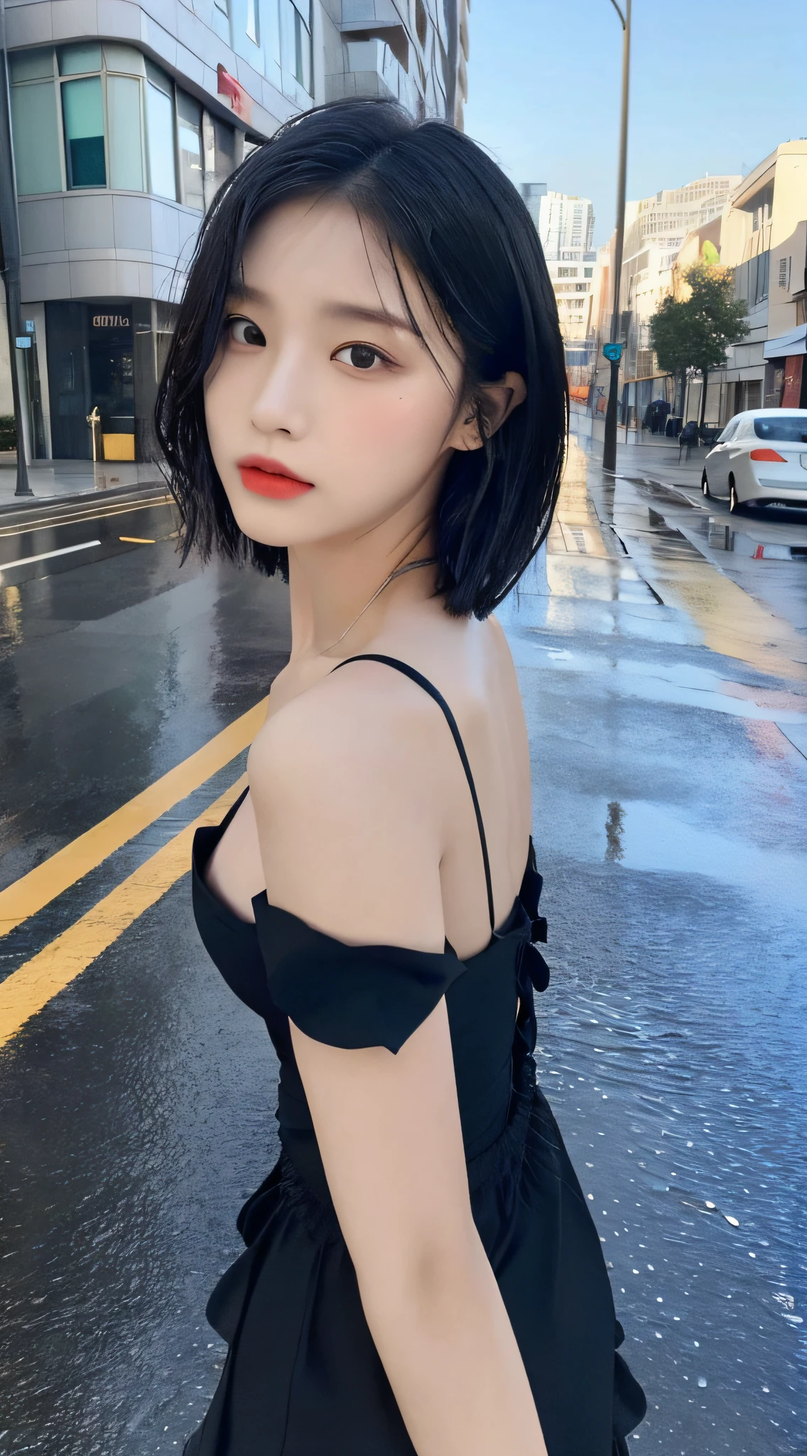 Black dress posing for photo, beautiful asian girl, Korean girl, cute thin face of girl, young woman, short hair, sakimichan, ((best quality, 8k, masterpiece: 1.3)), focus: 1.2, perfect body beauty: 1.4, buttocks: 1.2, ((layered haircut, beautiful breasts: 1.2)), (wet clothes: 1.1) , (Rain, Street:1.3), bandeau dress: 1.1, Highly detailed face and skin texture, Delicate eyes, double eyelids, whitened skin, long hair, (shut up: 1.3), after rain, (sky rainbow: 1.1), (black dress: 1.2), gorgeous streets