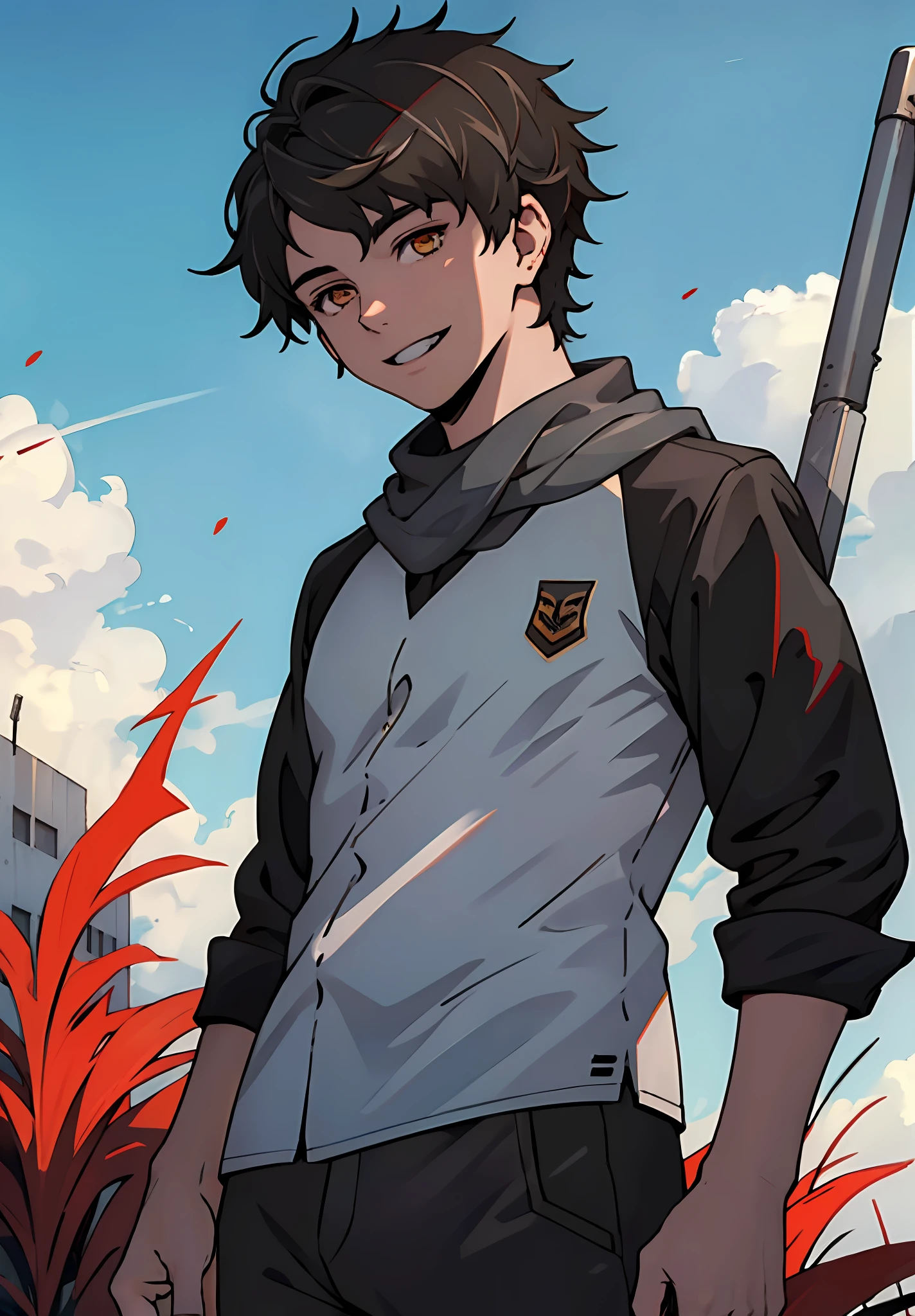 1boy, , smile, black hair, golden eyes, short hair, white shirt, black pants, blood, solo, spectator look, upper body, sky, (masterpiece:1.2, best quality)