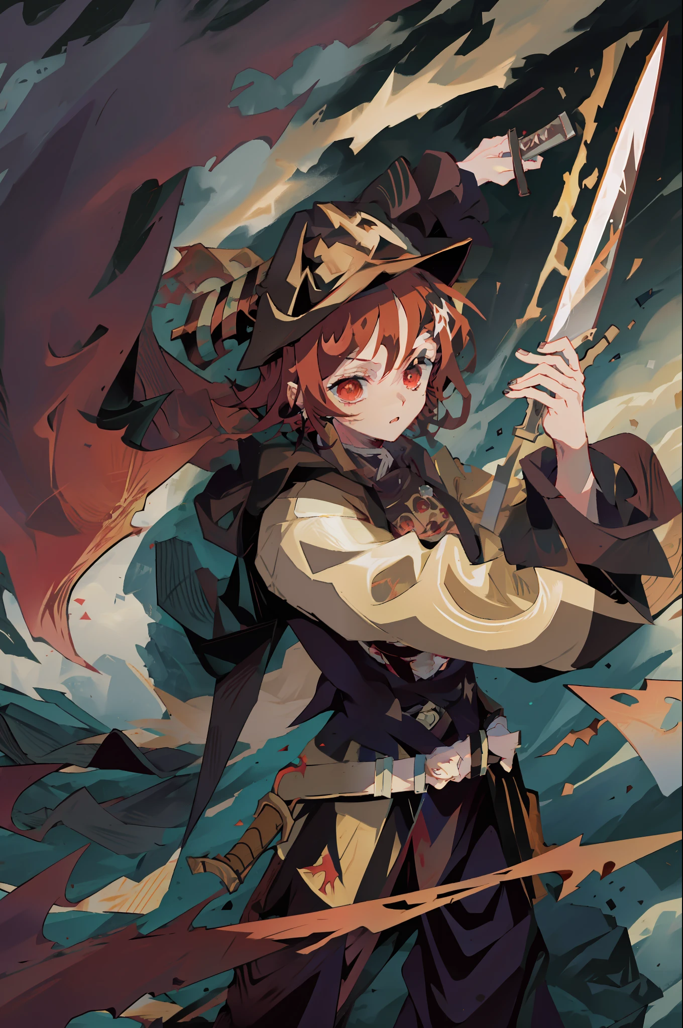 Blade slicing demons, a girl with short red hair, drug addict dragon, golden eyes, a long hat and katana in her hands with a black cloak on which a stands in the form of a demon slayer in the background of the forest.