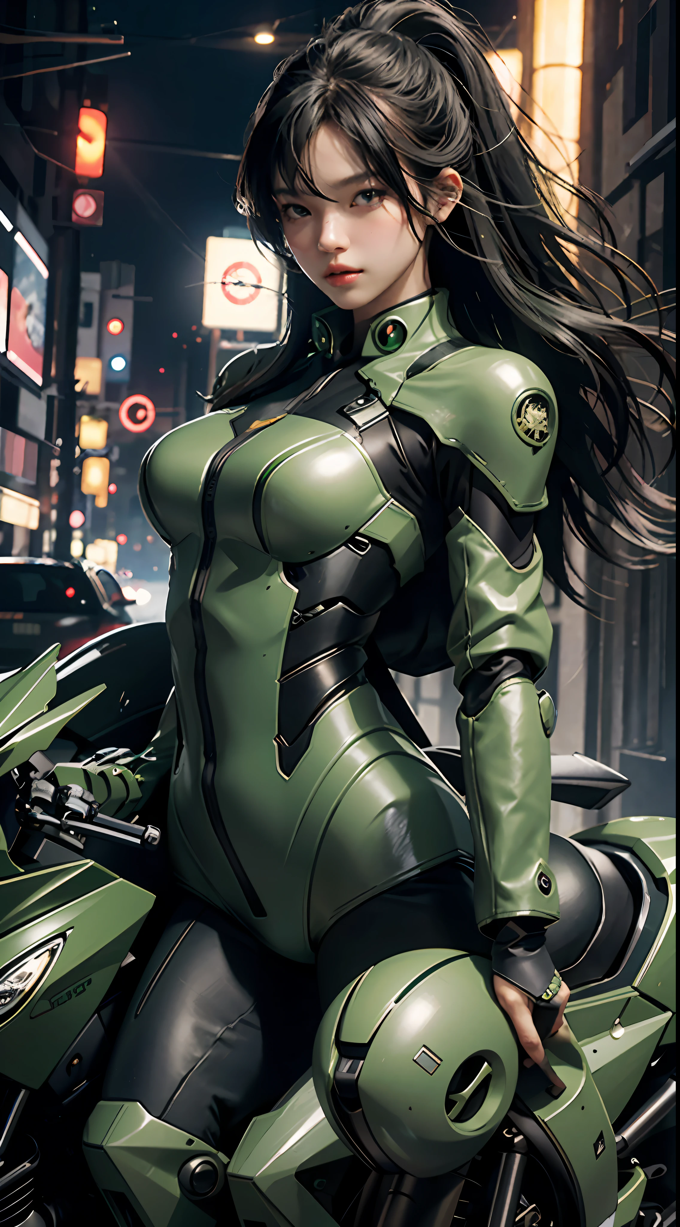 Highest image quality, outstanding details, ultra-high resolution, (realism: 1.4), the best illustration, favor details, highly condensed 1girl, with a delicate and beautiful face, dressed in a black and green mecha, wearing a mecha helmet, holding a directional controller, riding on a motorcycle, the background is a high-tech lighting scene of the future city.