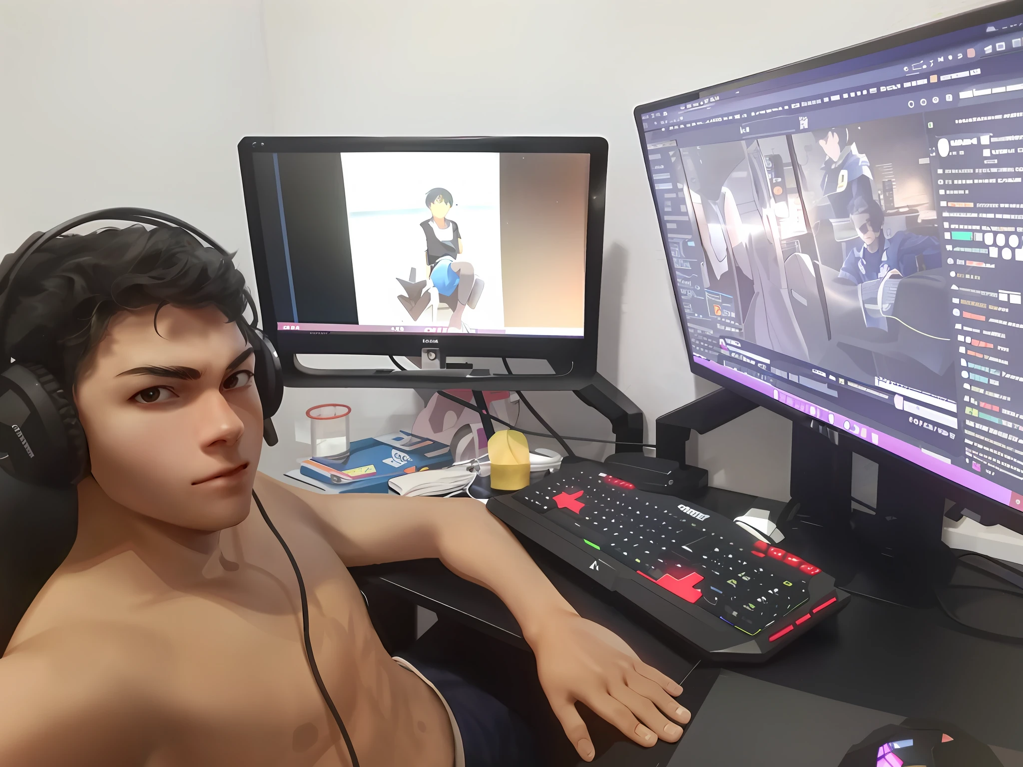 Best quality: 1.0), (Super High Resolution: 1.0), Anime boy, short black hair, sitting in front of the computer playing games, background in the esports room,