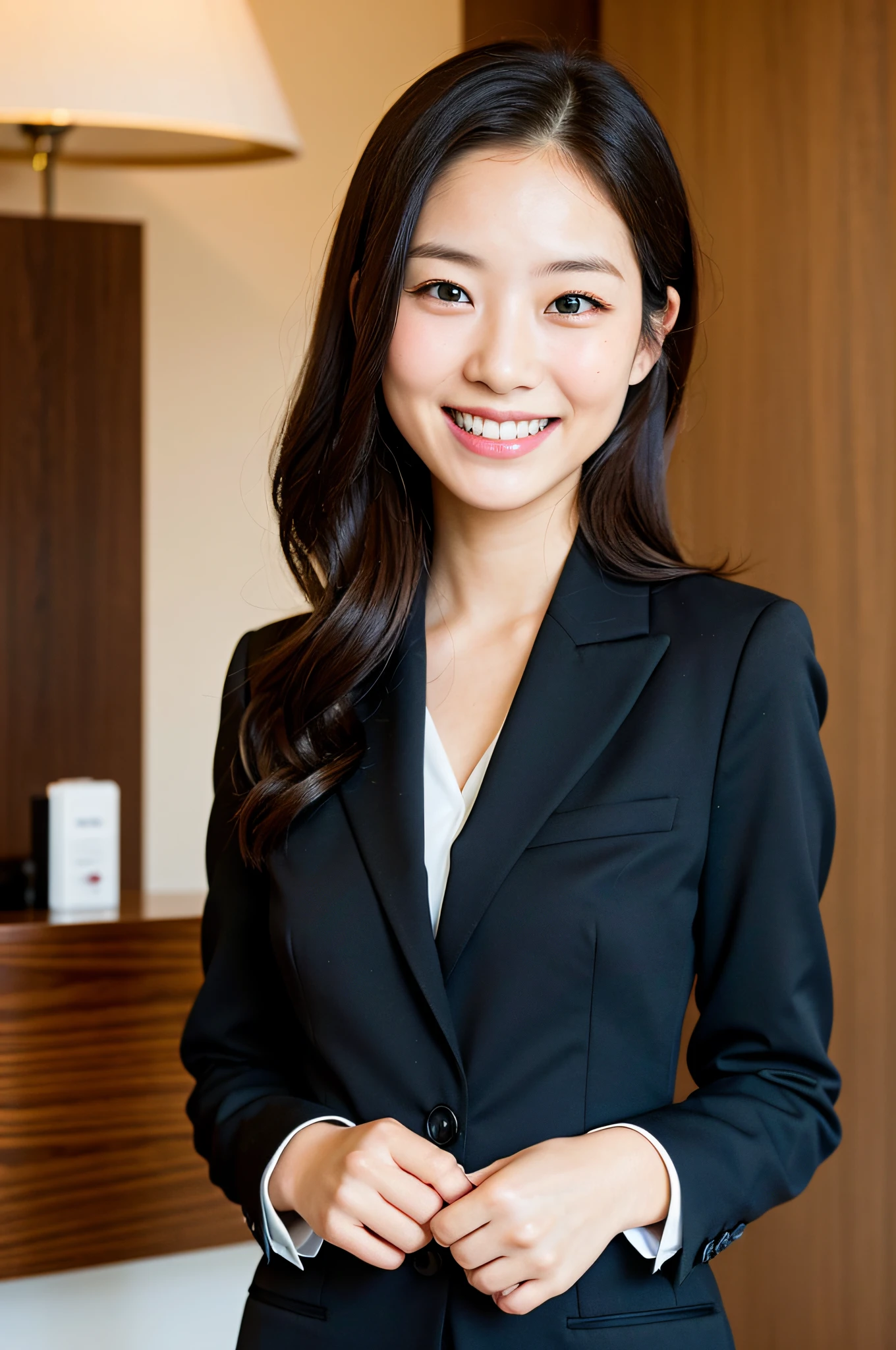 Natural light, girl smiling at the front desk of the hotel in a black suit (best quality, masterpiece: 1.2)
