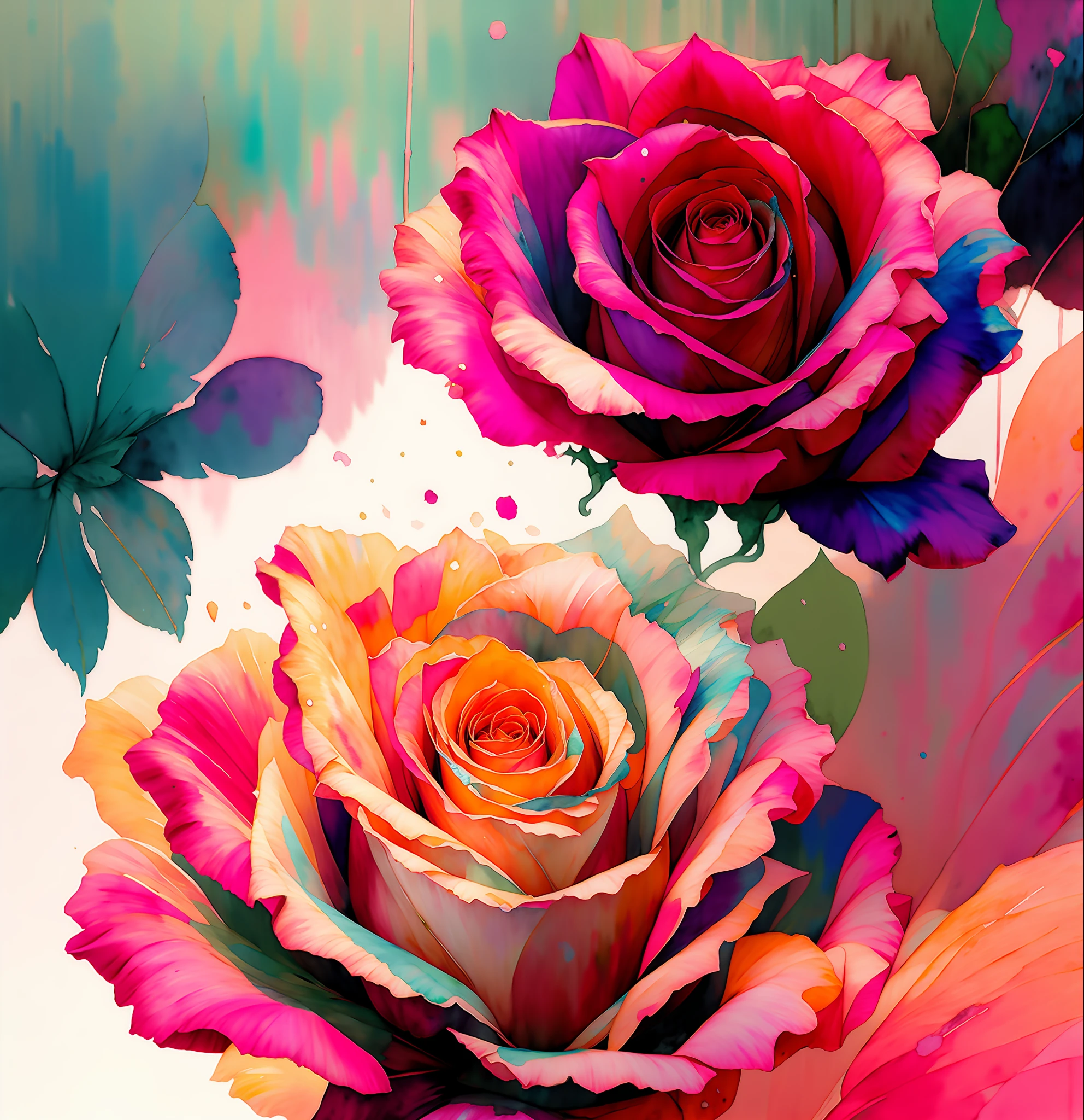 wtrcolor style, (rose) digital art, official art, blown by the wind, masterpiece, beautiful, ((watercolor)), paint splatter, intricate detail. Great detail, [dripping:0.7], Trending on Artstation, Rachel Walke