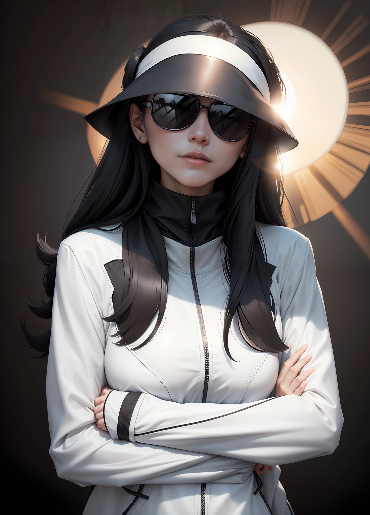 A woman wearing black color sunhat and black sunglasses, wearing black sun protection mask, black sun protection mask covering face, covering face, white sun protection coat, white sun protection coat, white sun protection coat, white sun protection coat, white sun protection coat, white background white background --auto --s2