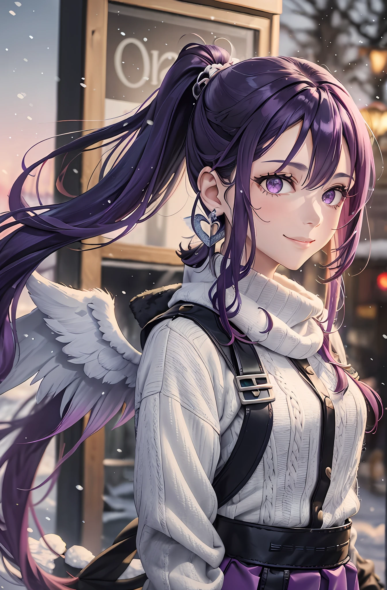 Ponytail. Longhair. Smile, purple hair. Earring. Angel wings on the back. Flip up the skirt. Slender body. Five fingers. Snow. Ski wear. Winter clothes.