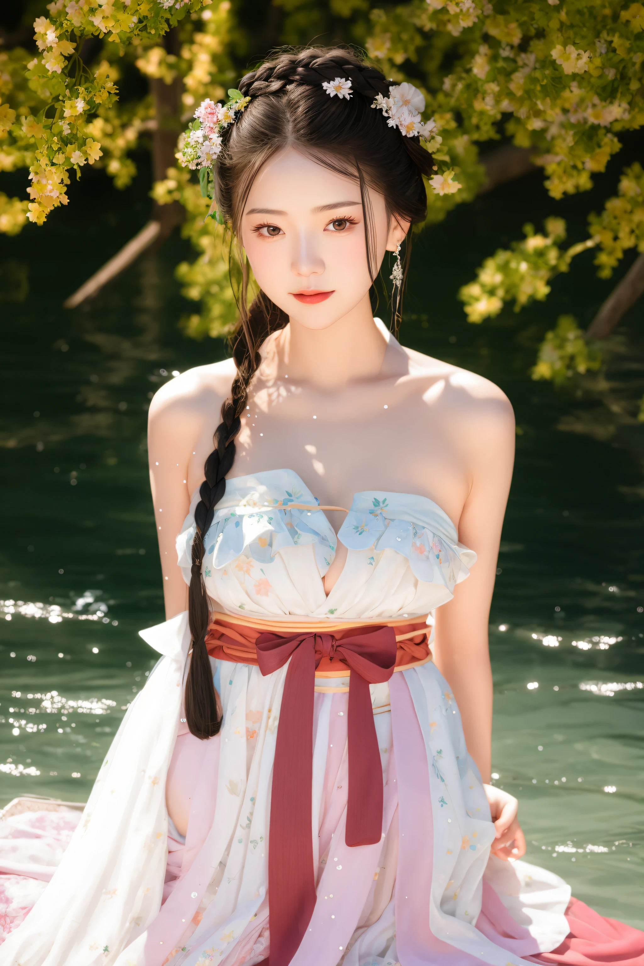 best quality, ultra high res, (photorealistic:1.3), nsfw, POV ,(solo:1.1), (1girl:1.1), (hanfugirl:1.4),adolescent, (nsfw:1.4641), (topless:1.4641), (open clothes:1.1), (:1.331), (happy, (no panties:1.f shoulder:1.1), (looking at viewer:1.331), (large breasts:1.61), (n.4641), hanfugirck hair, blunt bangs, parted bangs, high ponytail, half updo, (crown braid:1.21), braided bun, earrings, (half naked hanfu:1.414), (parted li1), (eyelashes:1.1), (happy:1.21), (depth of field:1.1), lens flare, (chromatic aberration:1.1), (caustics:1.1), in summer, (water:1.331), (water splash:1.21), branch, (beautiful detailed sky:1.331), (flower on liquid:1.331), (scattered luminous petals:1.331), ung-6500,(keta-31500:0.75)