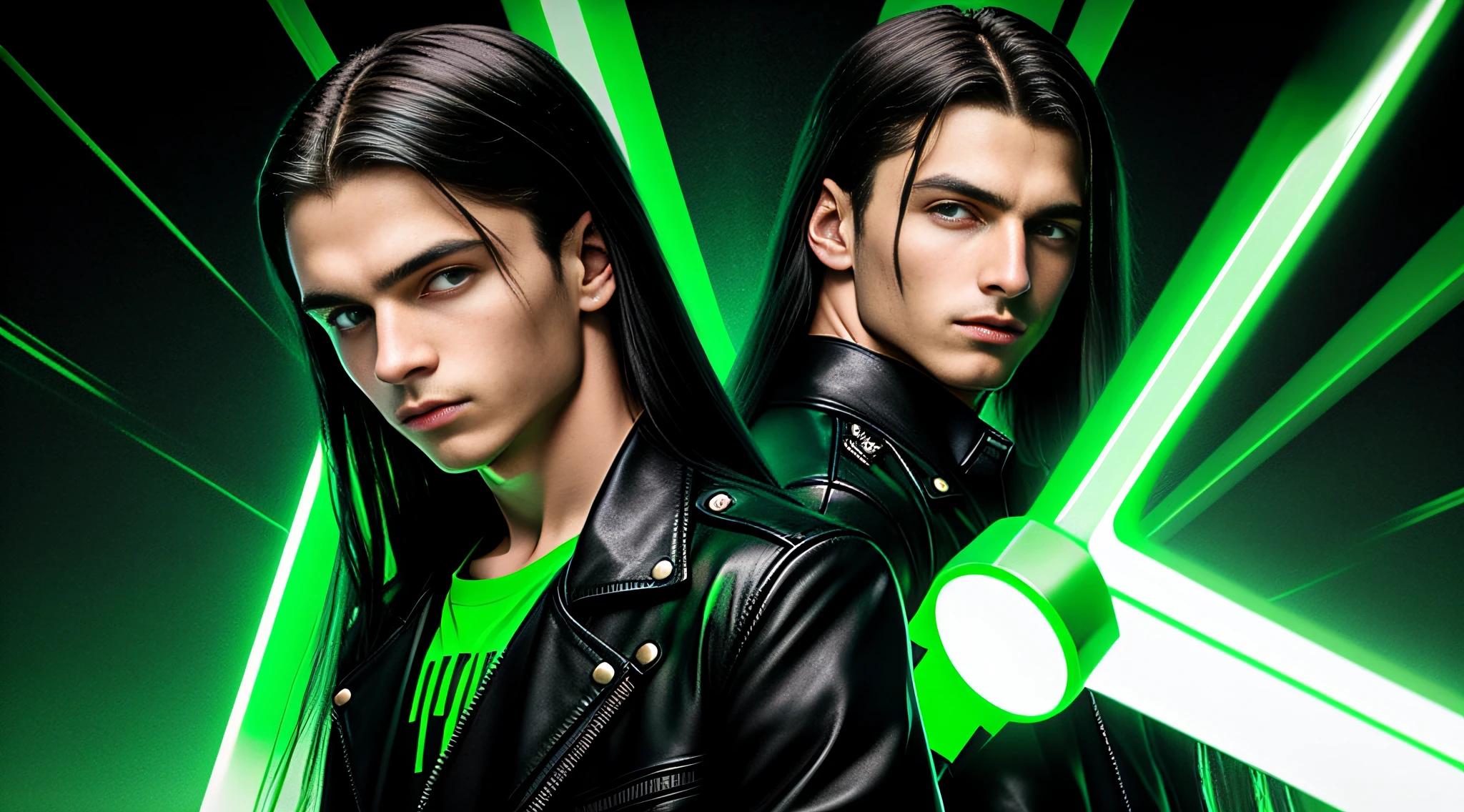 Russian children boys 15 years old WITH LONG STRAIGHT HAIR dark, PORTRAIT STYLE, black leather jacket that are holding a lamp, promotional image, promotional image, promotional image, promotional art, next gen, bright green, green glow, TV show, bright green eyes, key art, Green glow, neon green, supernatural green eyes, photo render, enigmatic!!, Color yet,  Rendered image