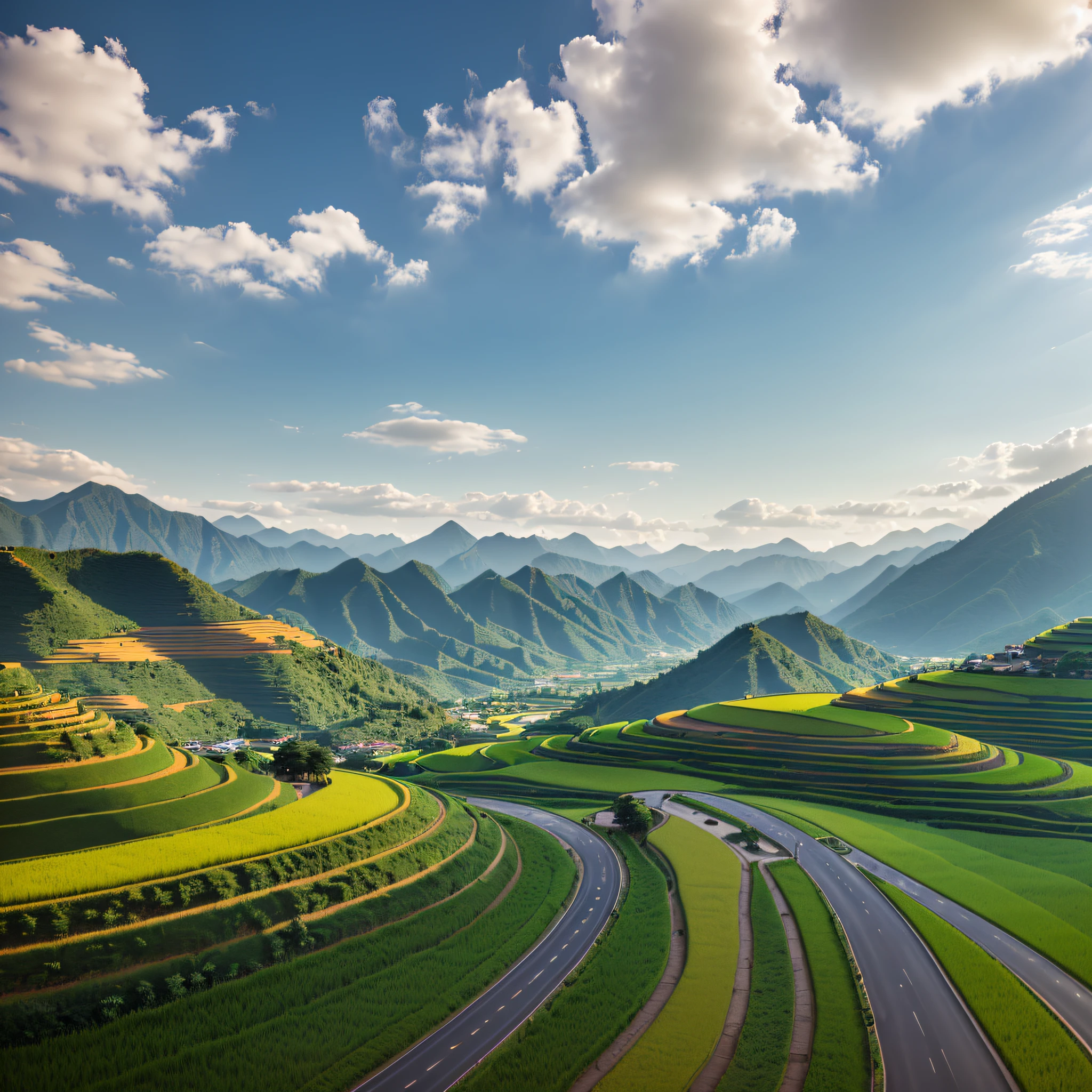 Alafid landscape of winding roads in the valley with a mountain, grass spiral mountain landscape, rice fields, stunning landscape, futuristic valley, terraced fields, rolling green hills, terraced orchards and ponds, breathtaking landscape consisting of trees and fantasy valley, beautiful light landscape, natural landscape beauty, shadow, Asian landscape, tranquil landscape, stunning landscape, black asphalt road, ((8k, super detail, ccurate, best quality, UHD, retina, masterpiece, high details, high quality, highres)) --auto --s2