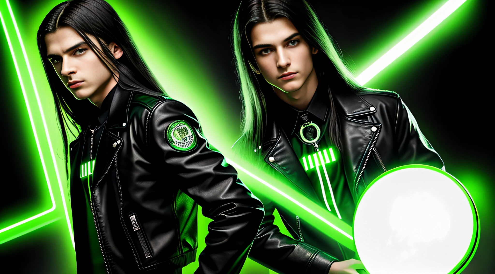 Russian children boys 15 years old WITH LONG STRAIGHT HAIR dark, PORTRAIT STYLE, black leather jacket that are holding a lamp, promotional image, promotional image, promotional image, promotional art, next gen, bright green, green glow, TV show, bright green eyes, key art, Green glow, neon green, supernatural green eyes, photo render, enigmatic!!, Color yet,  Rendered image