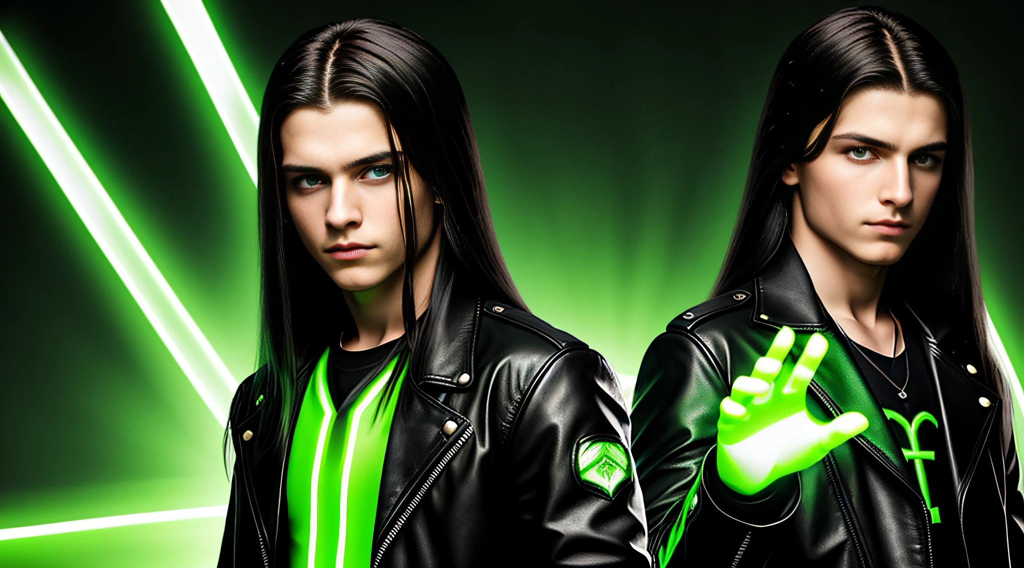 Russian  boys 15 yearsNG STRAIGHT HAIR dark, PORTRAIT STYLE, black leather jacket that are holding a lamp, promotional image, promotional image, promotional image, promotional art, next gen, bright green, green glow, TV show, bright green eyes, key art, Green glow, neon green, supernatural green eyes, photo render, enigmatic!!, Color yet,  Rendered image
