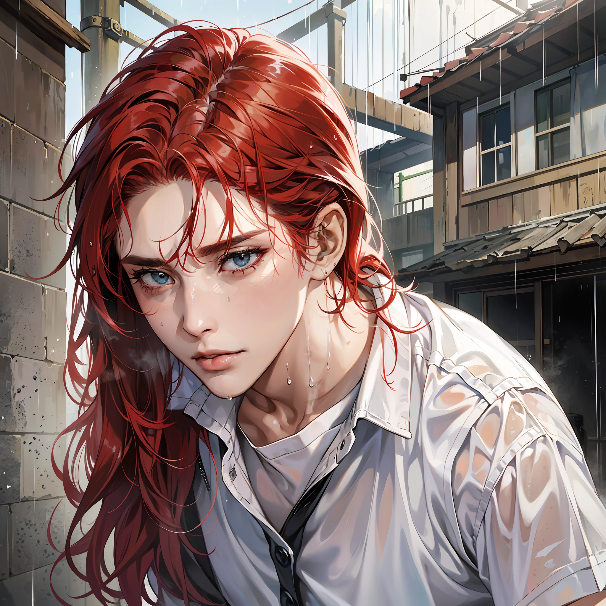 realistic, 40 years old, white shirt, desperate, tear,(torn clothes:1,5), (wet clothes:1,4), real rain,wet hair, red hair --auto --s2