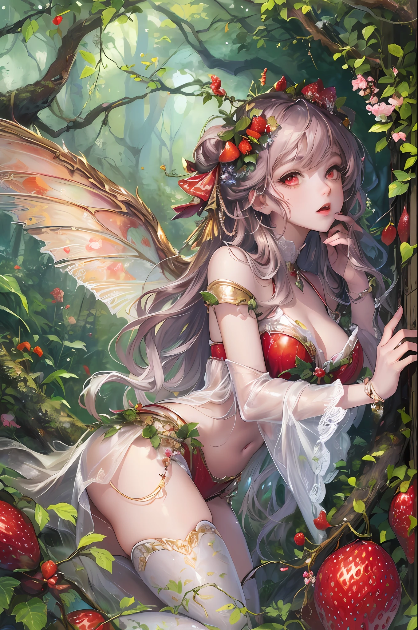 ( Absurd, High quality, ultra-detailed, masterpiece, concept art, smooth, highly detailed artwork, hyper-realistic painting ) , girl, strawberry girl, Strawberries, cute, whole body, Romantic, Vivid, dreamy, fantasy, fairy wings, in the forest, enchanting glow, very detailed art