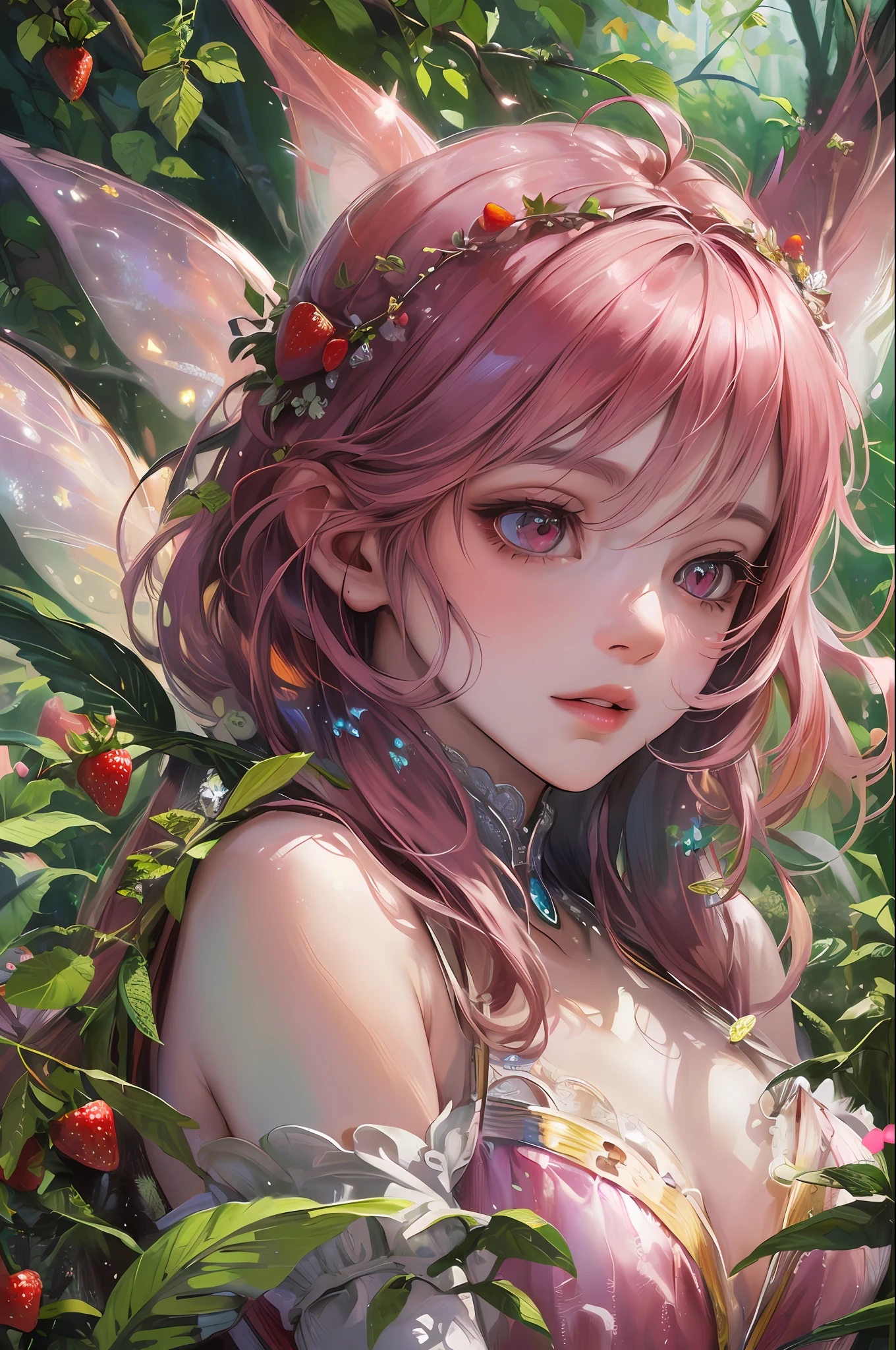 ( Absurd, High quality, ultra-detailed, masterpiece, concept art, smooth, highly detailed artwork, hyper-realistic painting ) , girl, strawberry girl, Strawberries, cute, whole body, Romantic, Vivid, dreamy, fantasy, fairy wings, in the forest, enchanting glow, very detailed art