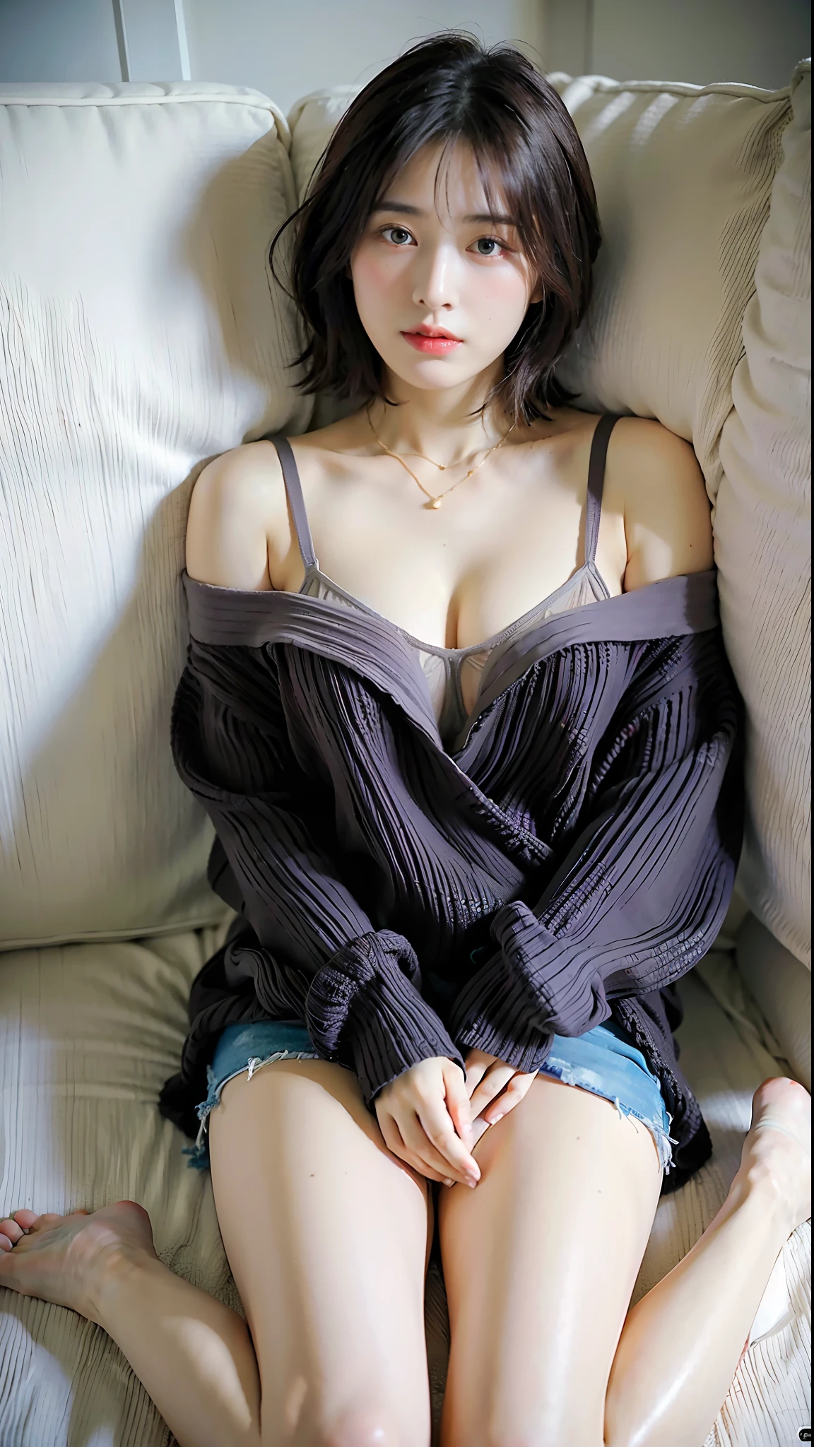 (Best Quality, 8k, 32k, Masterpiece, UHD: 1.2), Cute Japan Woman Picture, Big, A Little Short Bob Hair, (oversized_sweater, :1.1) Necklace, Full Body, No Bra, No Panties, Naked, Dark Areola, Twisting clothes with hands, Lying down with legs spread, Pubic hair visible