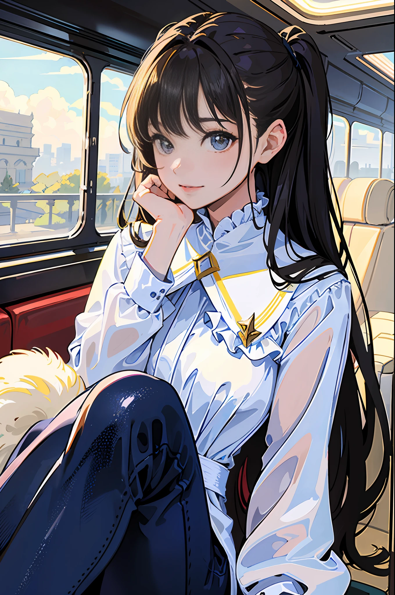 (A masterpiece、the highest quality:1.2)、Super Detailed、cinematic lighting、FPS、Retro tram and beautiful girl、Chinchin Train、passenger car、tram、Stay、timetable、Ticket、Brown long hair、From the Side、Sunlight、Slim body、Dowel dowel trousers、white blouse、porch、Beautiful smile、Beautiful girl with full body、clean detailed faces、simple clothes、glowing shadows、