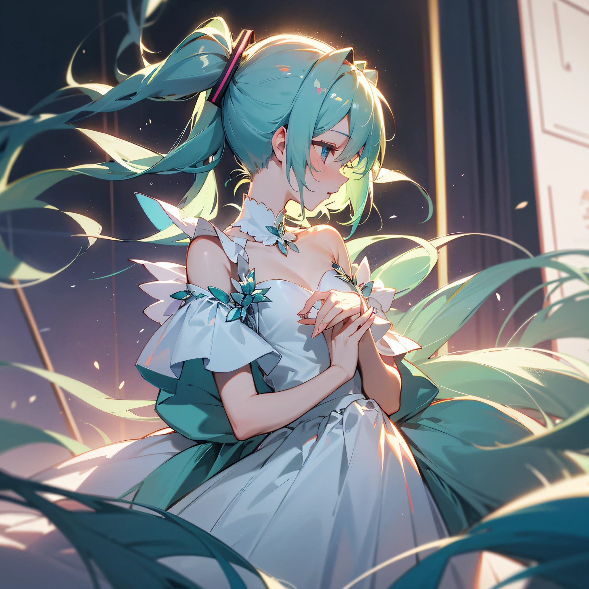 Hatsune Miku, Super Clear Picture Quality, Double Ponytail, Stage, White Evening Dress Masterpiece, Top Quality Detail Fingers, Right Hand Clutching Skirt, Delicate Detail Hand!!!
