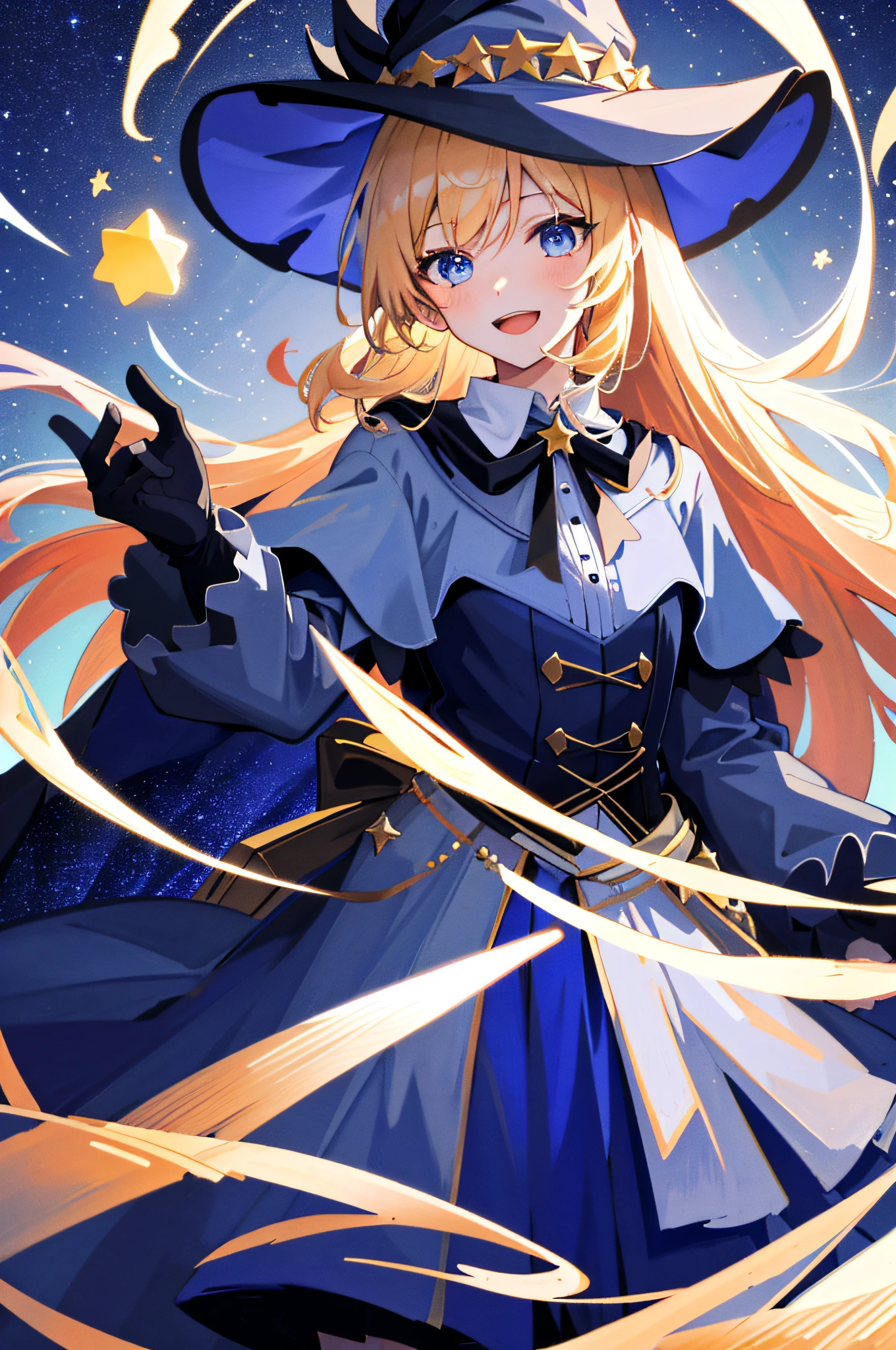 ((masterpiece:1.2, best quality)), 1girl, solo, (witch hat), blonde, long hair, skirt, aurora, night, stars (sky), gloves, sky, white skirt, night sky, open mouth, starry sky, blue eyes, ribbon, long hair, red dress, smile, headband, cape, blue hair, (bird), magic, spell casting, dark clouds, night, (impressionists: 1.4)