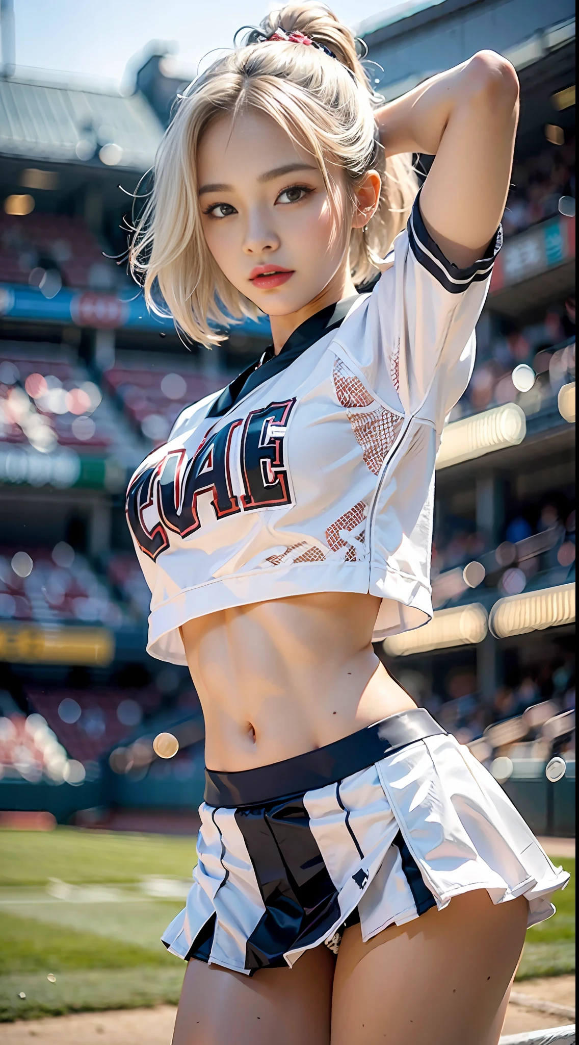 (Photogenic, best quality, Masterpiece: 1.5), cheerleader girl, baseball stadium, Hands are clear and distinct, white hair, underwear, voluptuous body, beautiful face, 3D, Japanese, cheerleader girl wear, , mini-skirt, A glimpse of underwear, bandy-legged, short hair, beautiful face, shining thighs, pure white skin, Japan, high school girl, real