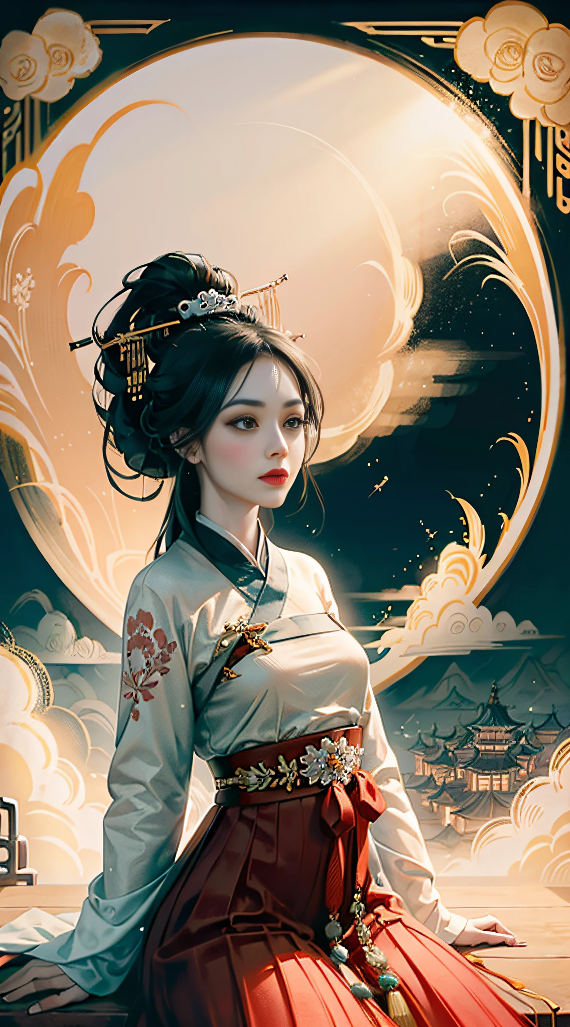 (Positive Focus), (In the Dark: 1), (Best Quality), Movie Poster, Highly Detailed, 8k Wallpaper, Volume Lighting, Dynamic Lighting, A Girl, Long Black Hair, Ponytail, Fringed Hair Ornament, Peony Hairpin, Chinese Style White Hanfu, Black Embroidery, Tulle Ribbon, Round Fan, Jade Pei, Flute, Cherry Blossoms, Cherry Blossoms Falling, Ancient Chinese Architecture Background, Dramatic Composition, Rich Picture Detail, Movie Lighting,