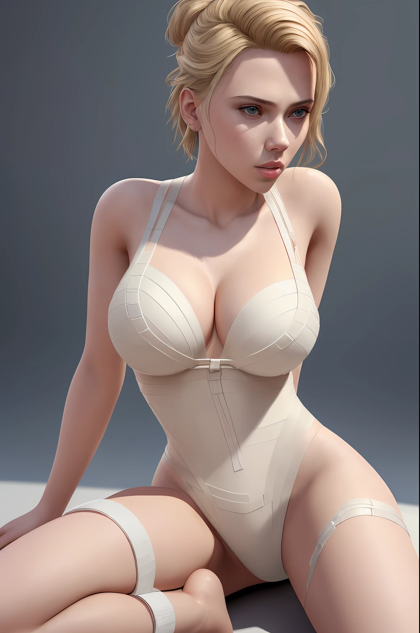Scarlett Johansson, (bandage:1.3), masterpiece, wallpaper, (detailed), high quality, ((high detailed skin, skin details)), ((medium breasts, cleavage, thick thighs, hourglass figure, kneeling,)), micro bikini, photorealistic, photo, masterpiece, realistic, realism, photorealism, high contrast, photorealistic digital art trending on Artstation 8k HD high definition detailed realistic, detailed, full body, skin texture, hyper detailed, realistic skin texture, armature, best quality, ultra high res, (photorealistic:1.4),, high resolution, detailed, raw photo, sharp re,