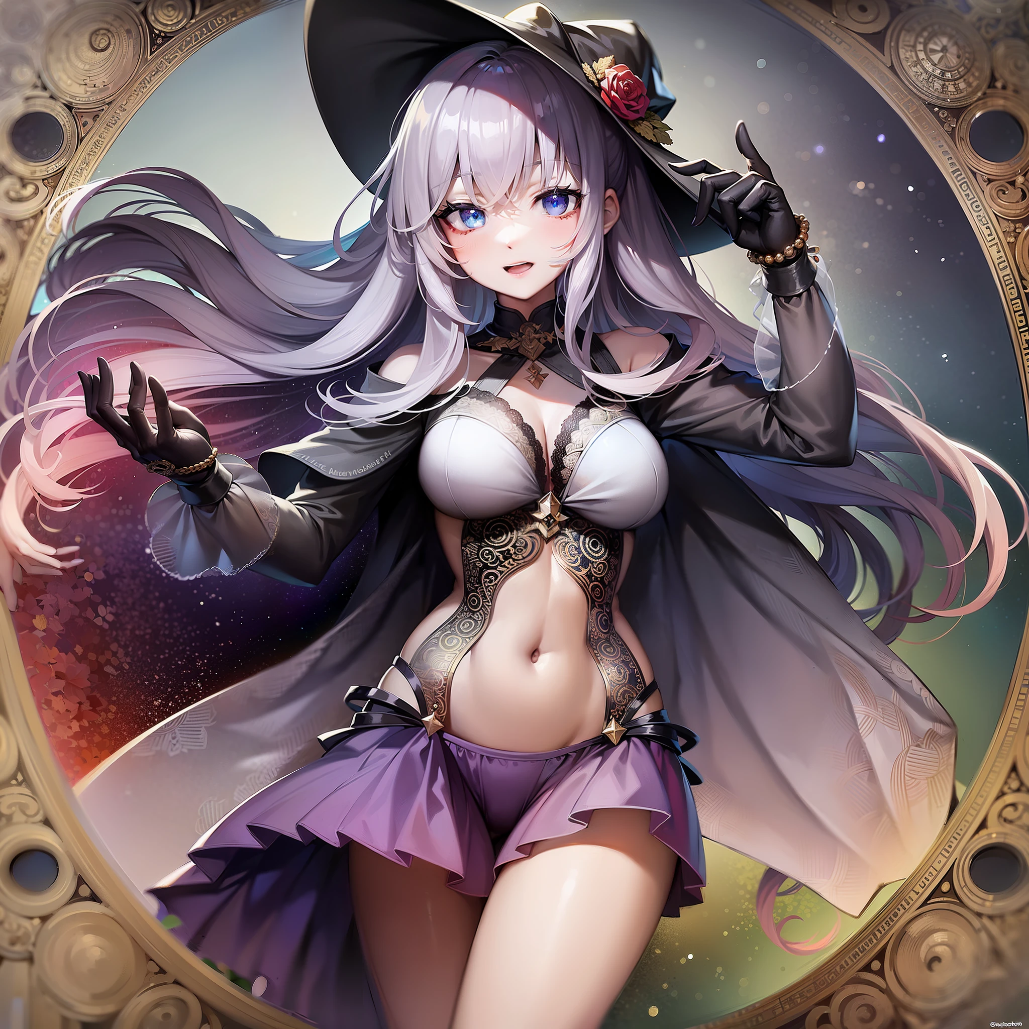 ((masterpiece:1.2, best quality)), 1girl, solo, (witch hat), blonde, long hair, skirt, aurora, night, stars (sky), gloves, sky, white skirt, night sky, open mouth, starry sky, blue eyes, ribbon, long hair, red dress, smile, headband, cape, blue hair, (bird), magic, spell casting, dark clouds, night, (impressionist: 1.4), (tarot: 1.3), Alphonse Mucha