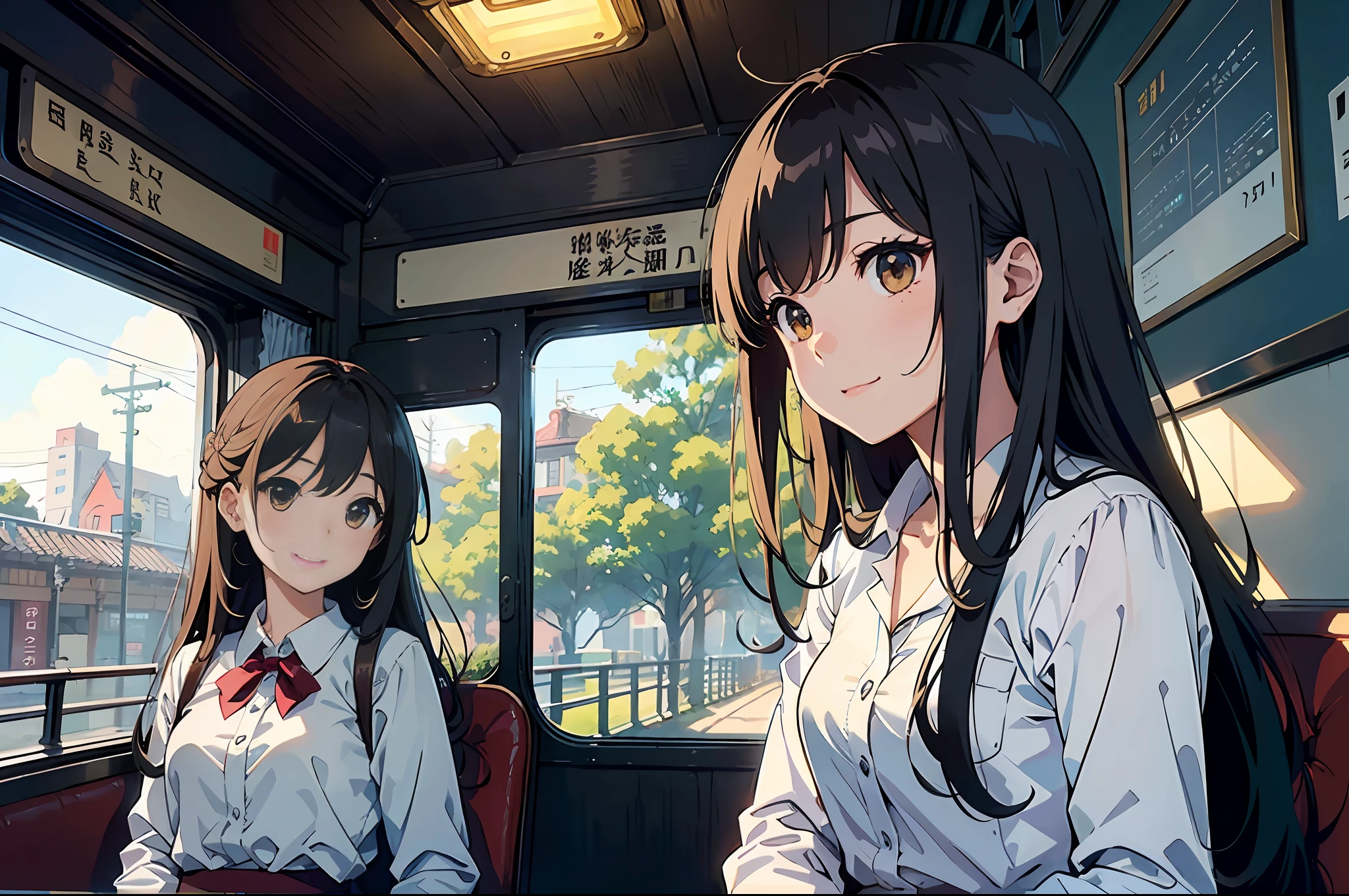 (A masterpiece、the highest quality:1.2)、Super Detailed、cinematic lighting、FPS、Tram and beautiful girl、Chinchin Train、passenger car、tram、Stay、timetable、Ticket、Brown long hair、From the Side、Sunlight、Slim body、Dowel dowel trousers、white blouse、porch、Beautiful smile、Beautiful girl with full body、clean detailed faces、simple clothes、glowing shadows、