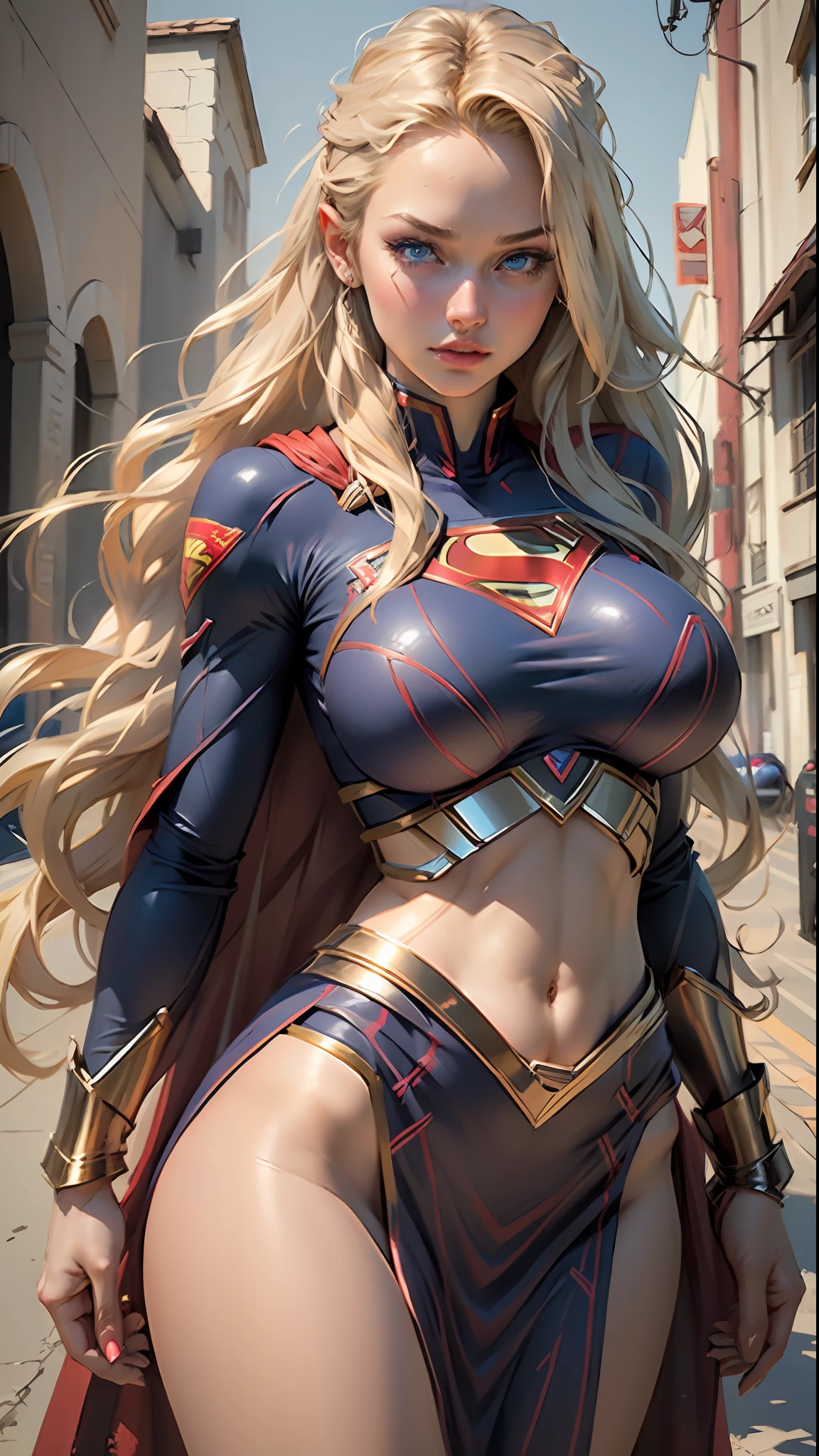 (best quality)), ((masterpiece)), ((realistic)), (detailed), detailed face,supergirl Beautiful woman (20 years old, long blonde hair, blue eyes) defined body, detailed, using tube dress cosplay supergirl suite,(((huge breasts)))