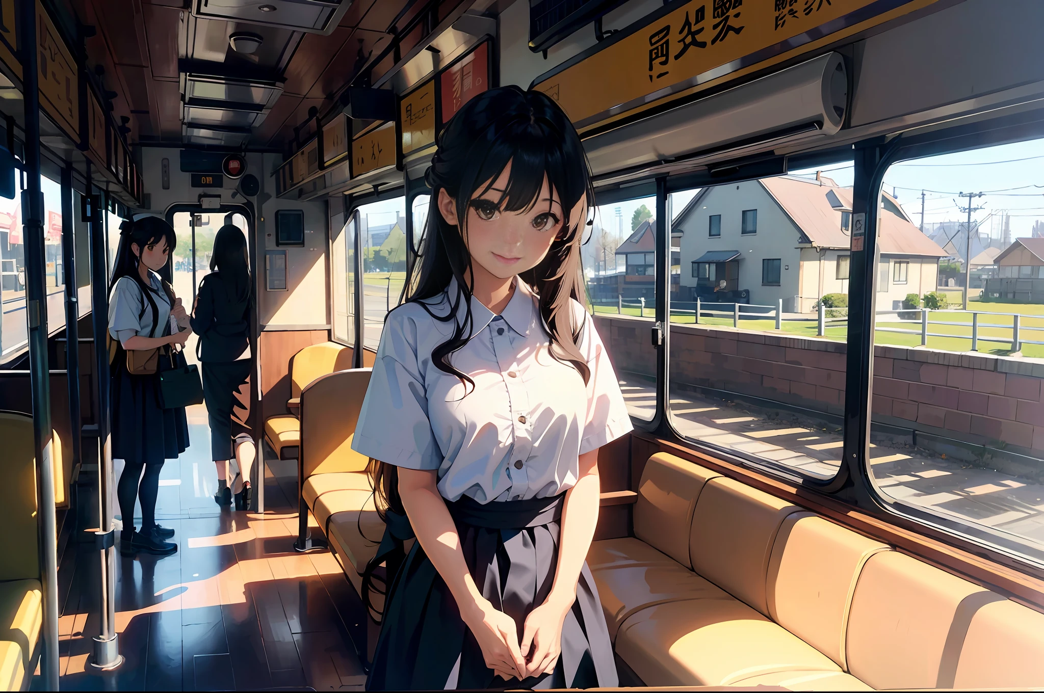 (A masterpiece、the highest quality:1.2)、Super Detailed、cinematic lighting、FPS、Beautiful girl standing in front of tram、Chinchin Train、passenger car、tram、Stay、timetable、Ticket、Brown long hair、From the Side、Sunlight、Slim body、Dowel dowel trousers、white blouse、porch、Beautiful smile、Beautiful girl with full body、clean detailed faces、simple clothes、glowing shadows、